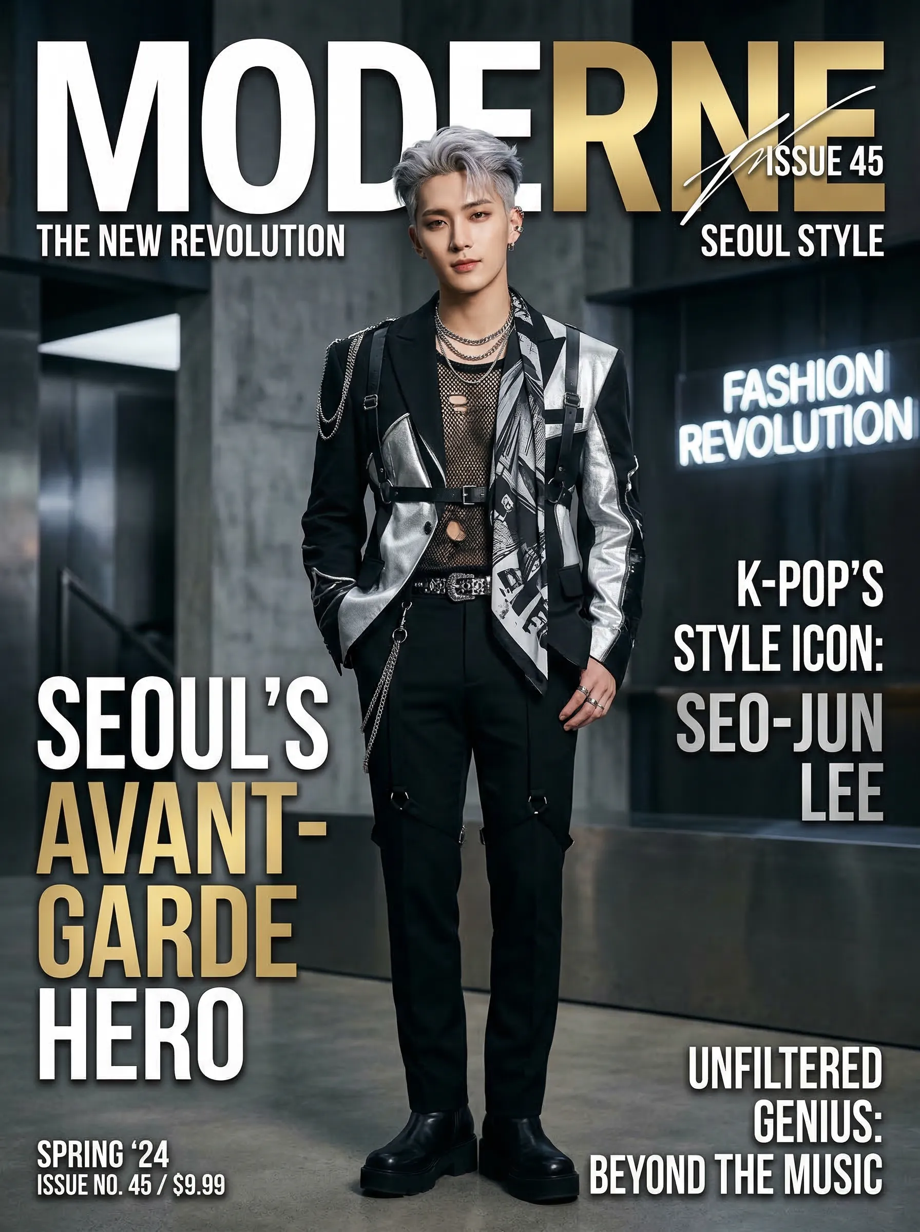 A highly stylized, glossy magazine cover photo of a handsome East Asian man with silver hair and avant-garde fashion, resembling a K-pop idol.