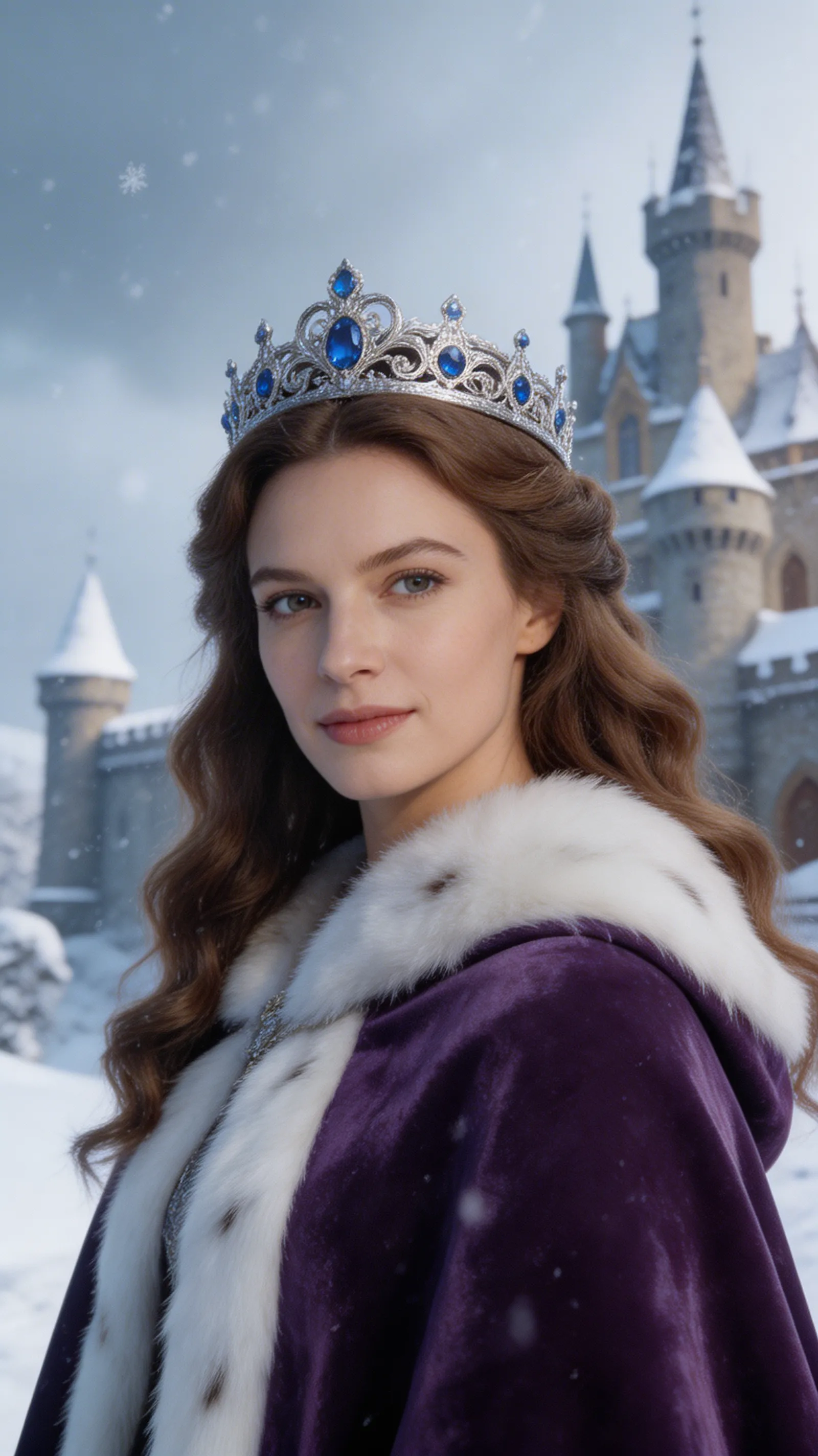 A regal fantasy portrait of a gorgeous Caucasian woman as a medieval queen, wearing an intricate silver crown and fur-lined cloak, snowy castle background.