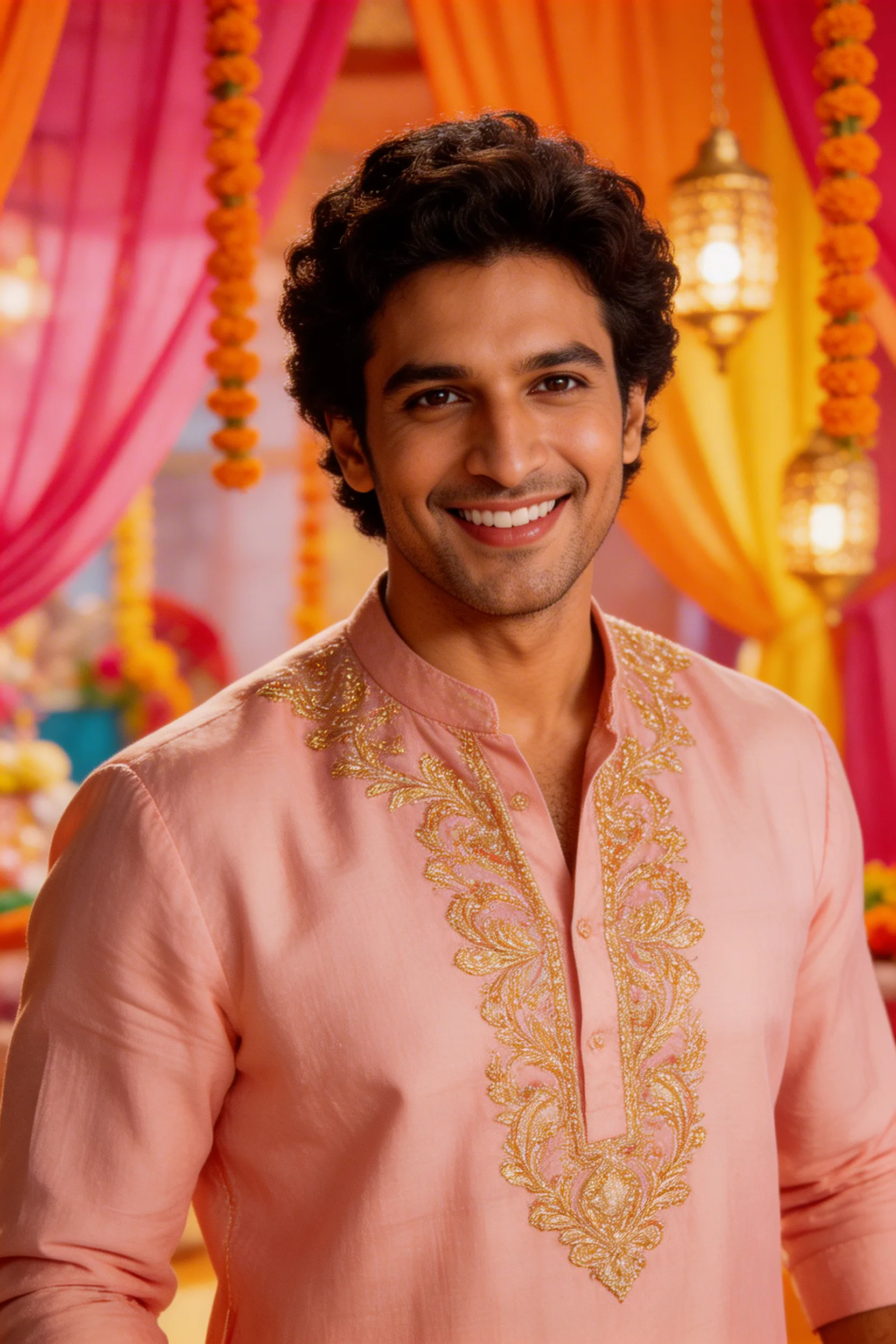 A vibrant, energetic photo of a handsome South Asian man smiling brightly, styled like a charismatic Bollywood leading actor on a colorful movie set.