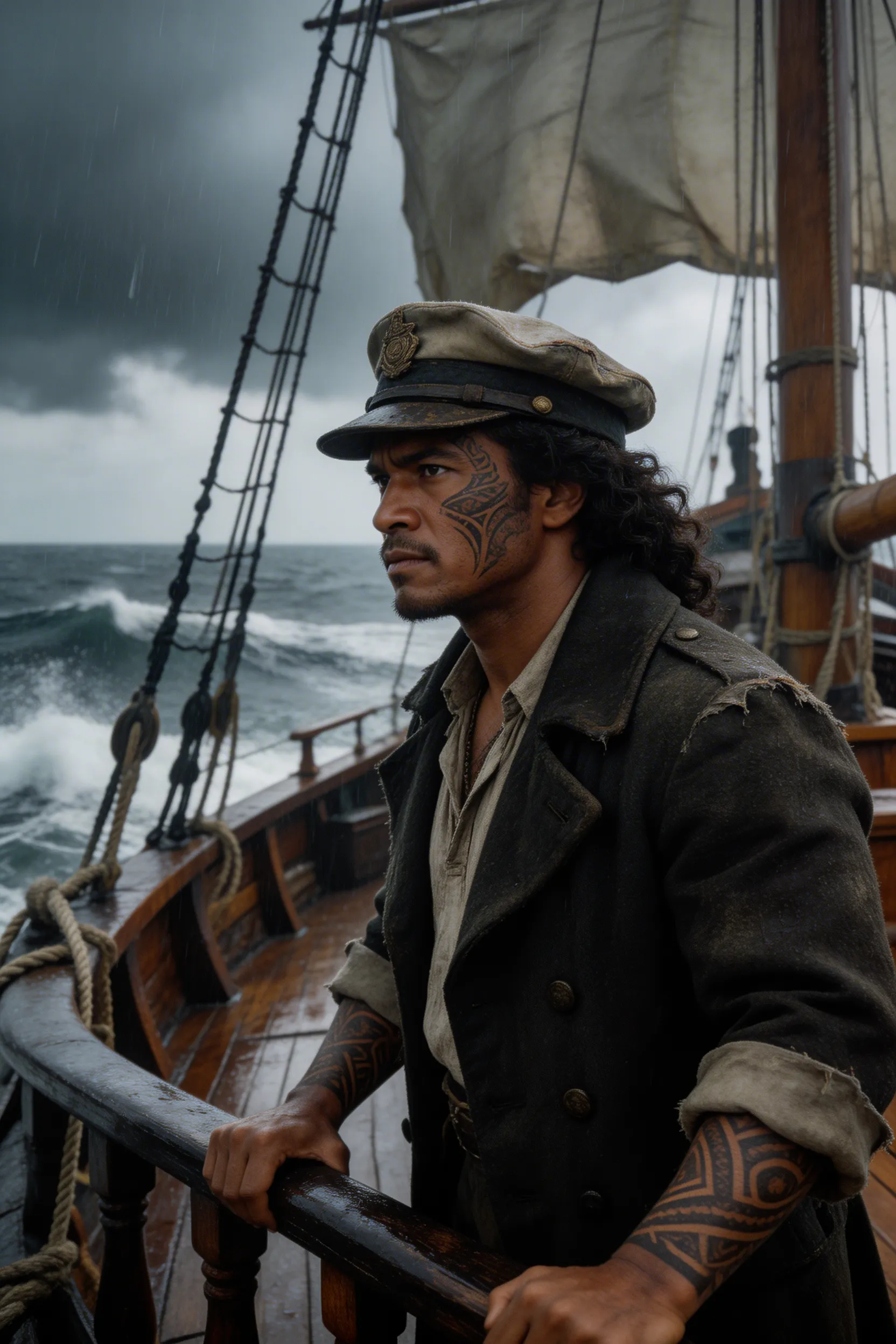 A ruggedly attractive Polynesian man acting as the captain of an old wooden sailing ship, looking out at the stormy ocean with a determined expression.