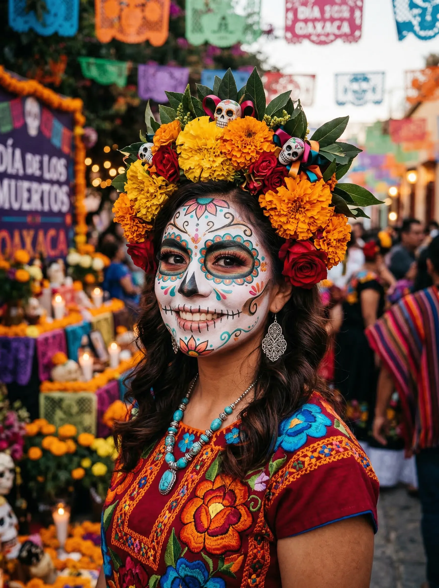 A vibrant cultural portrait of a beautiful Hispanic woman with elaborate, elegant Day of the Dead sugar skull makeup and a crown of marigolds.
