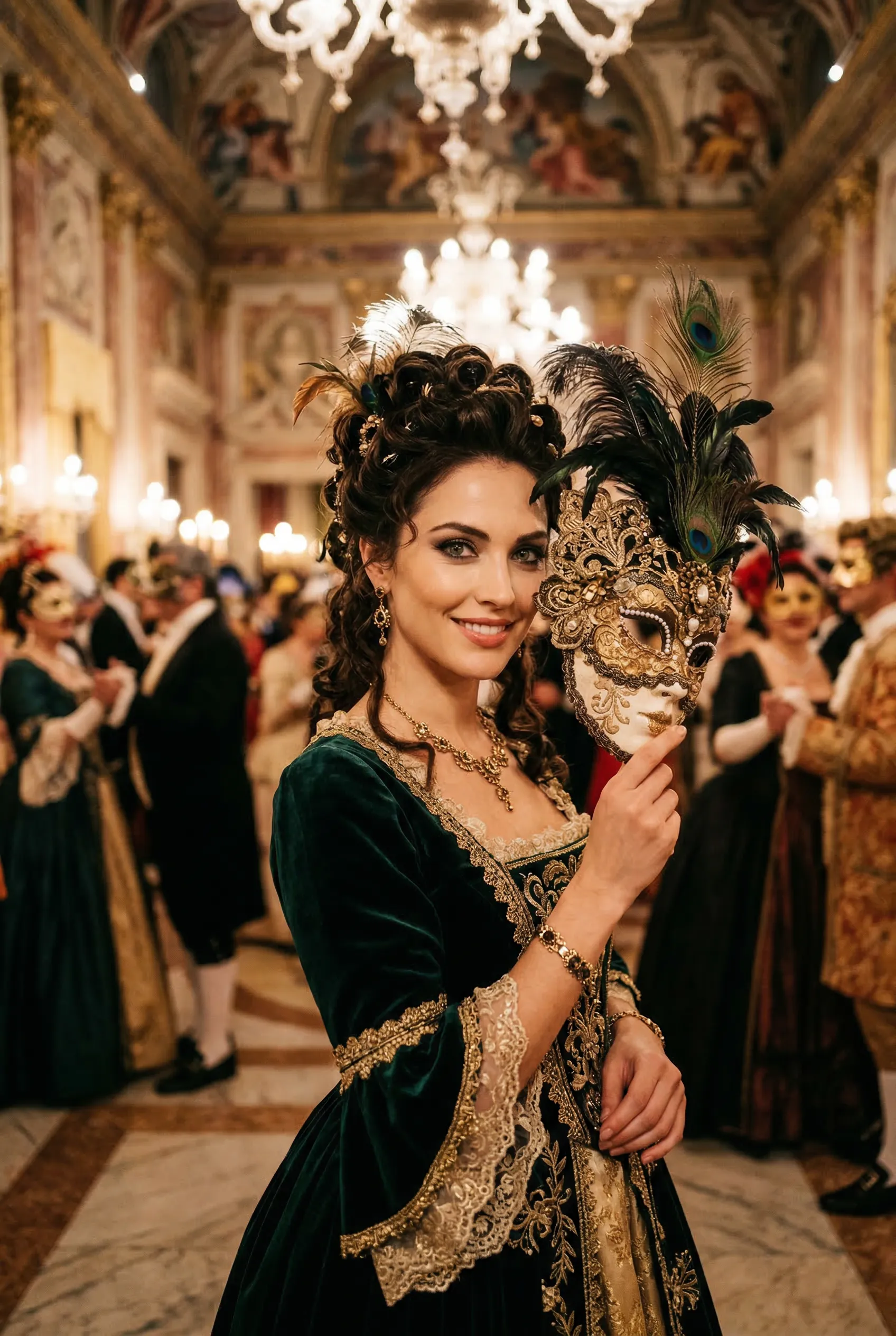 An elegant portrait of a gorgeous Caucasian woman at a Venetian masquerade ball, holding an ornate feathered mask slightly away from her face.