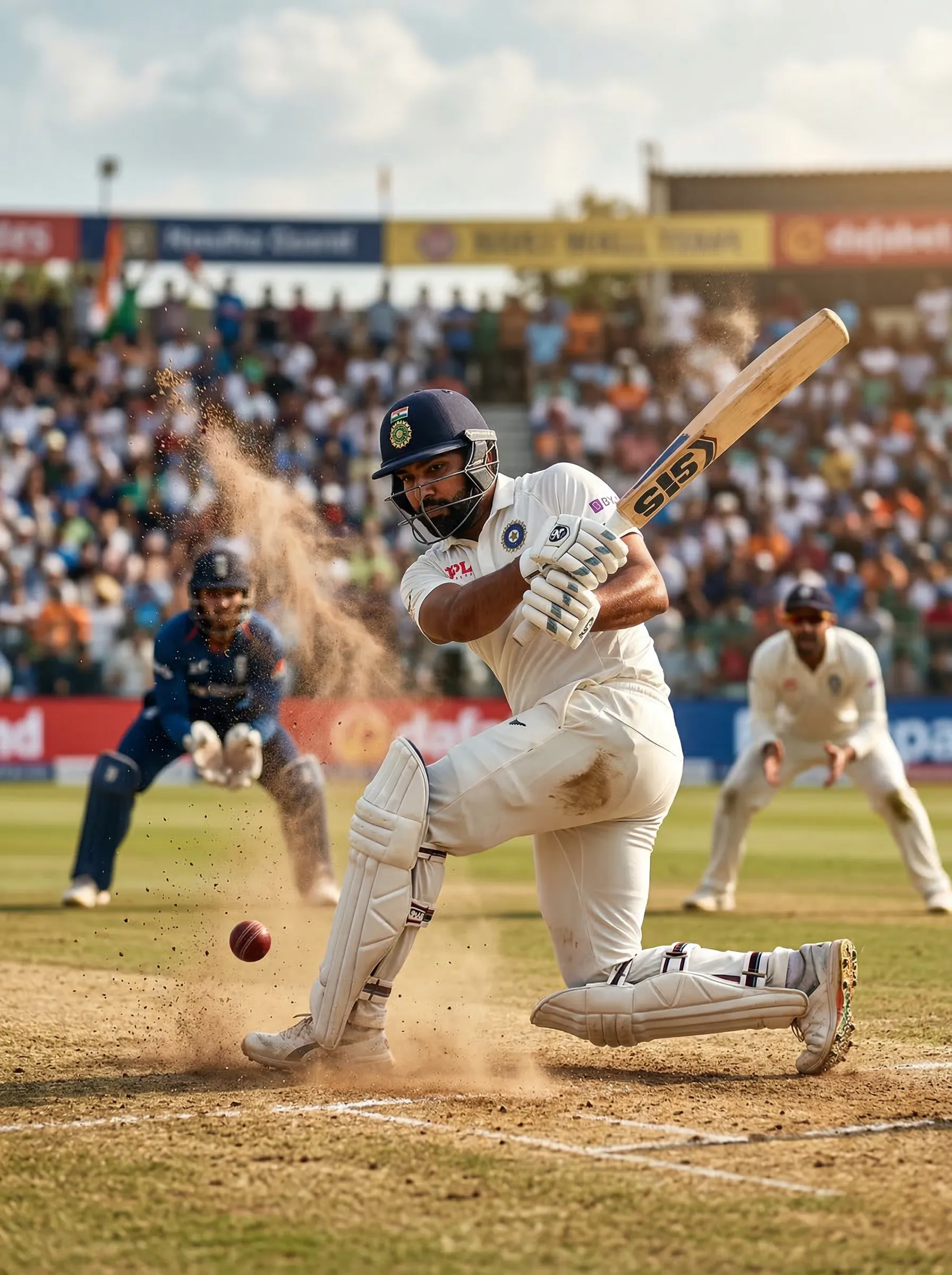 An action-packed sports photo of an attractive South Asian man in white cricket gear, executing a perfect sweep shot, dust flying up from the pitch.