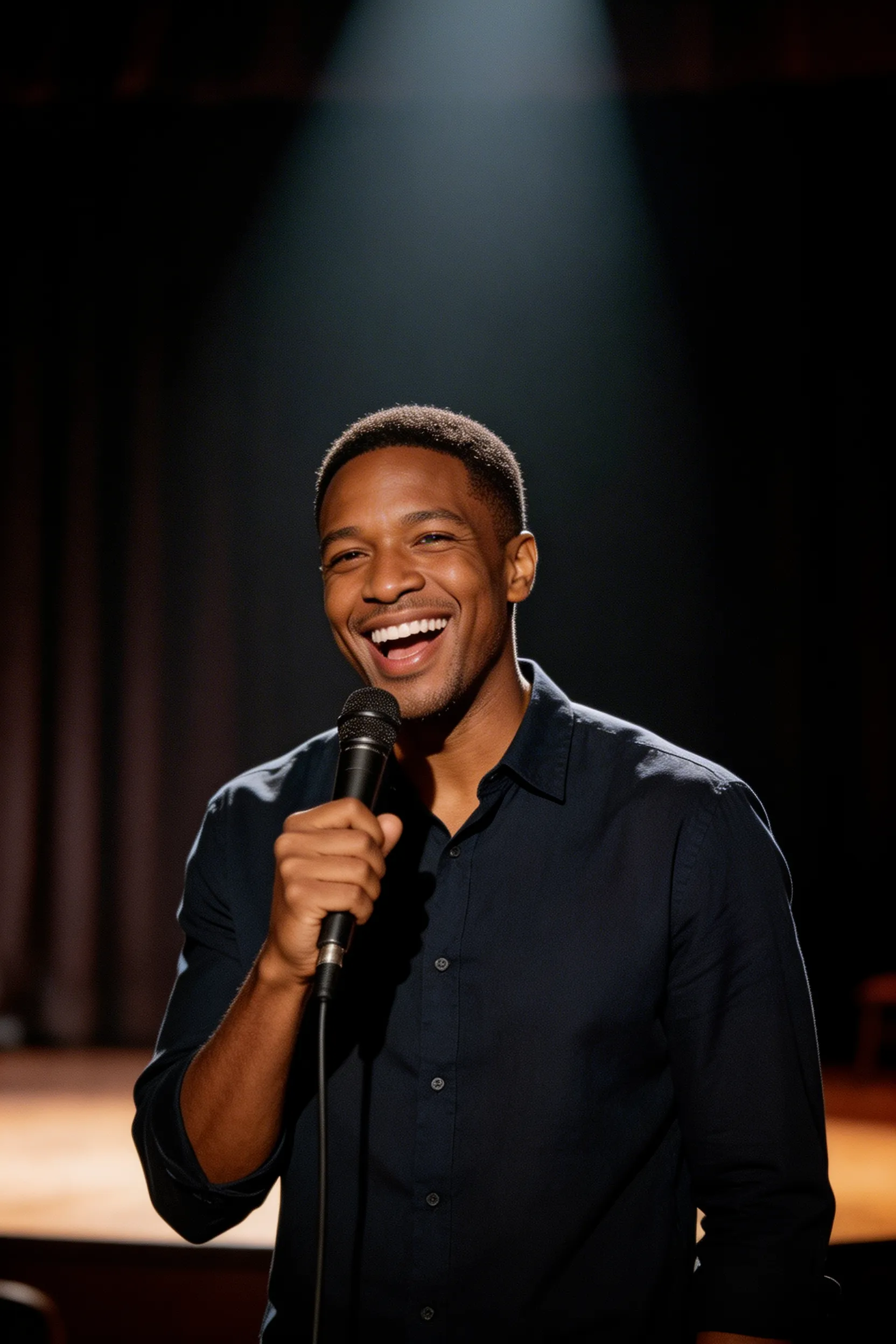 A vibrant photo of a handsome Black man on stage performing stand-up comedy, holding a microphone, laughing heartily under a bright spotlight.