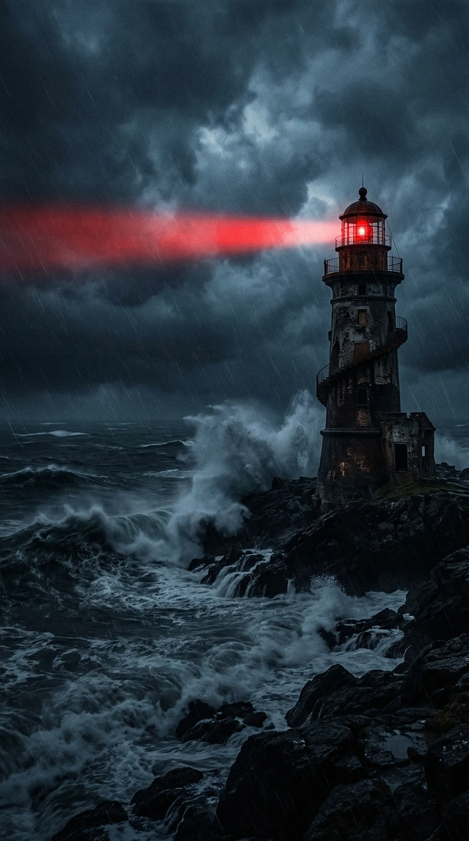 A dark and moody shot of an abandoned lighthouse shining a red beam in a stormy sea.