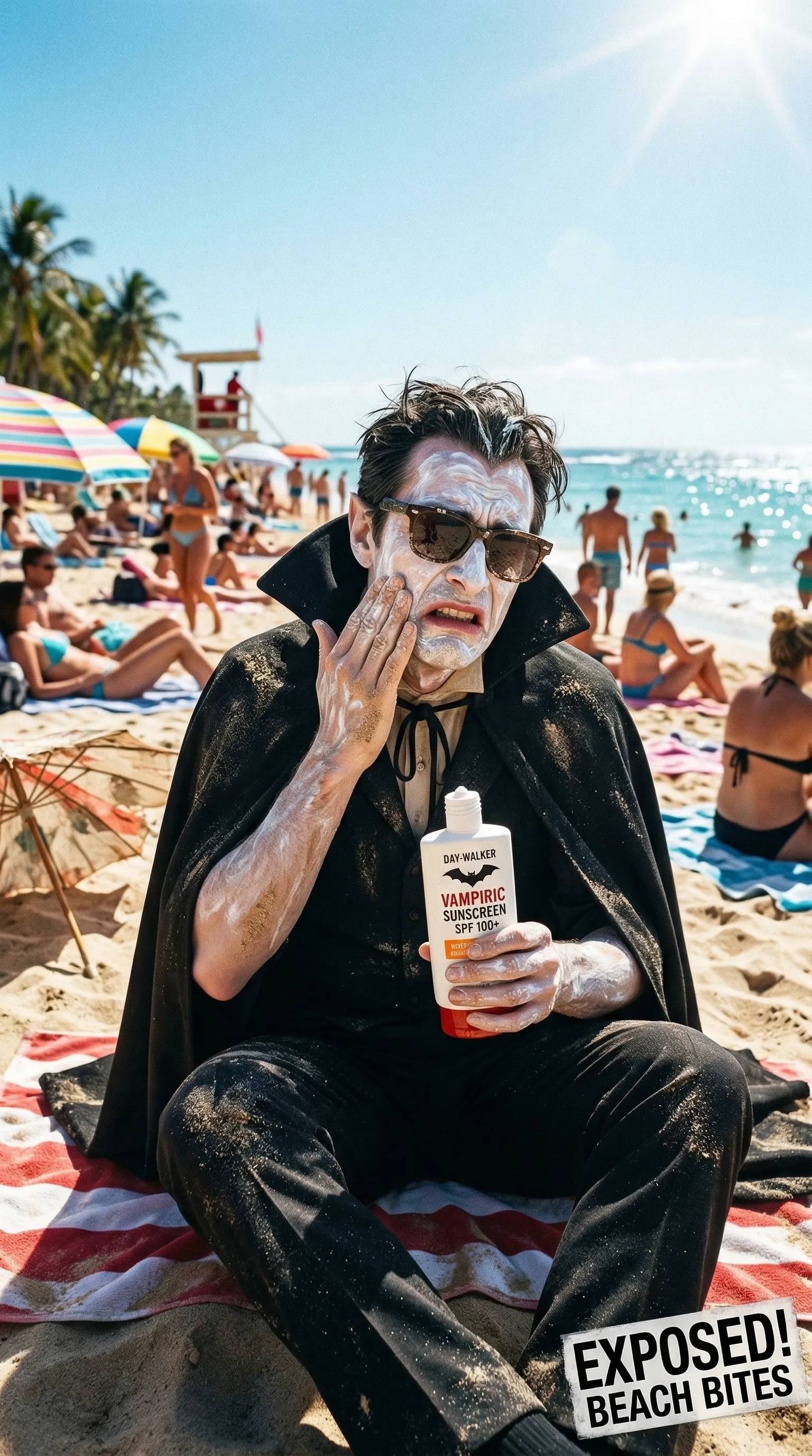 A funny paparazzi shot of Dracula applying high-spf sunscreen at a sunny beach.
