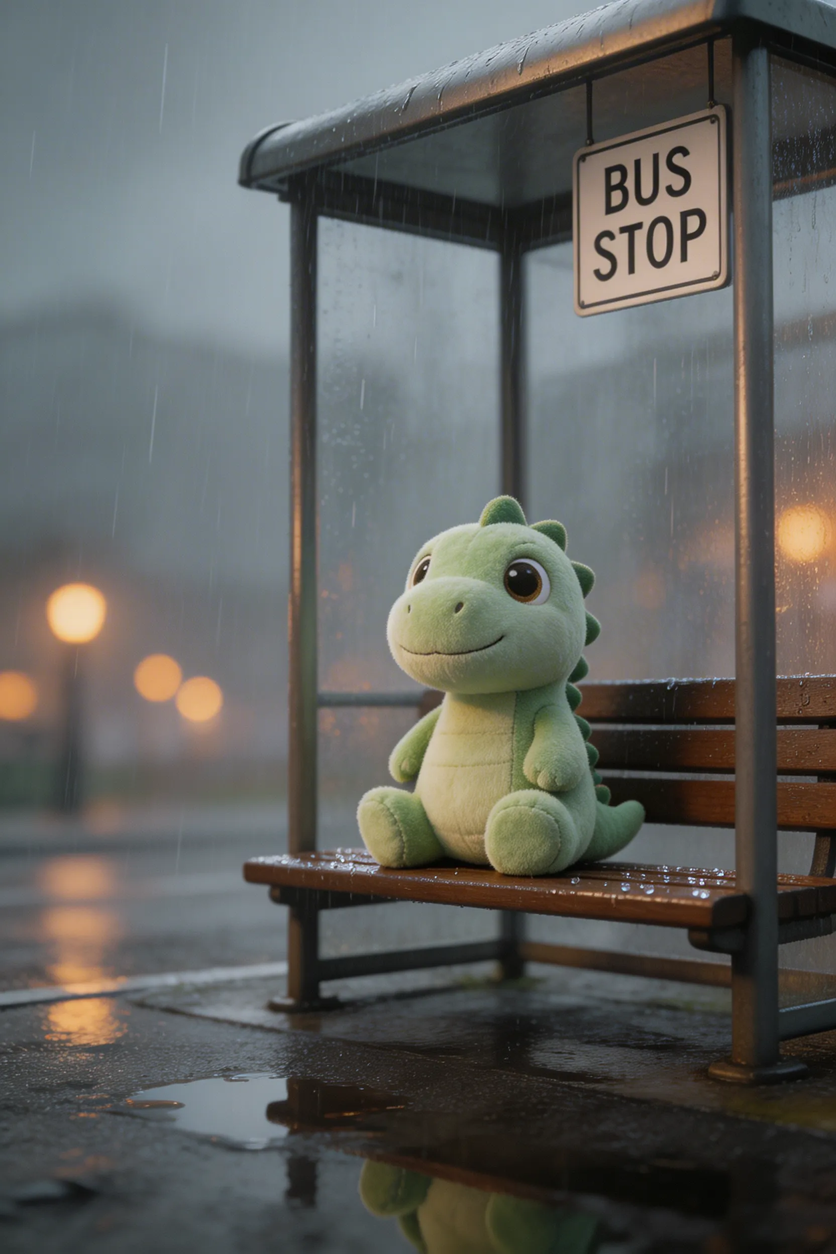 A cute plushy dinosaur toy sitting alone on a rainy bus stop bench, cinematic lighting.