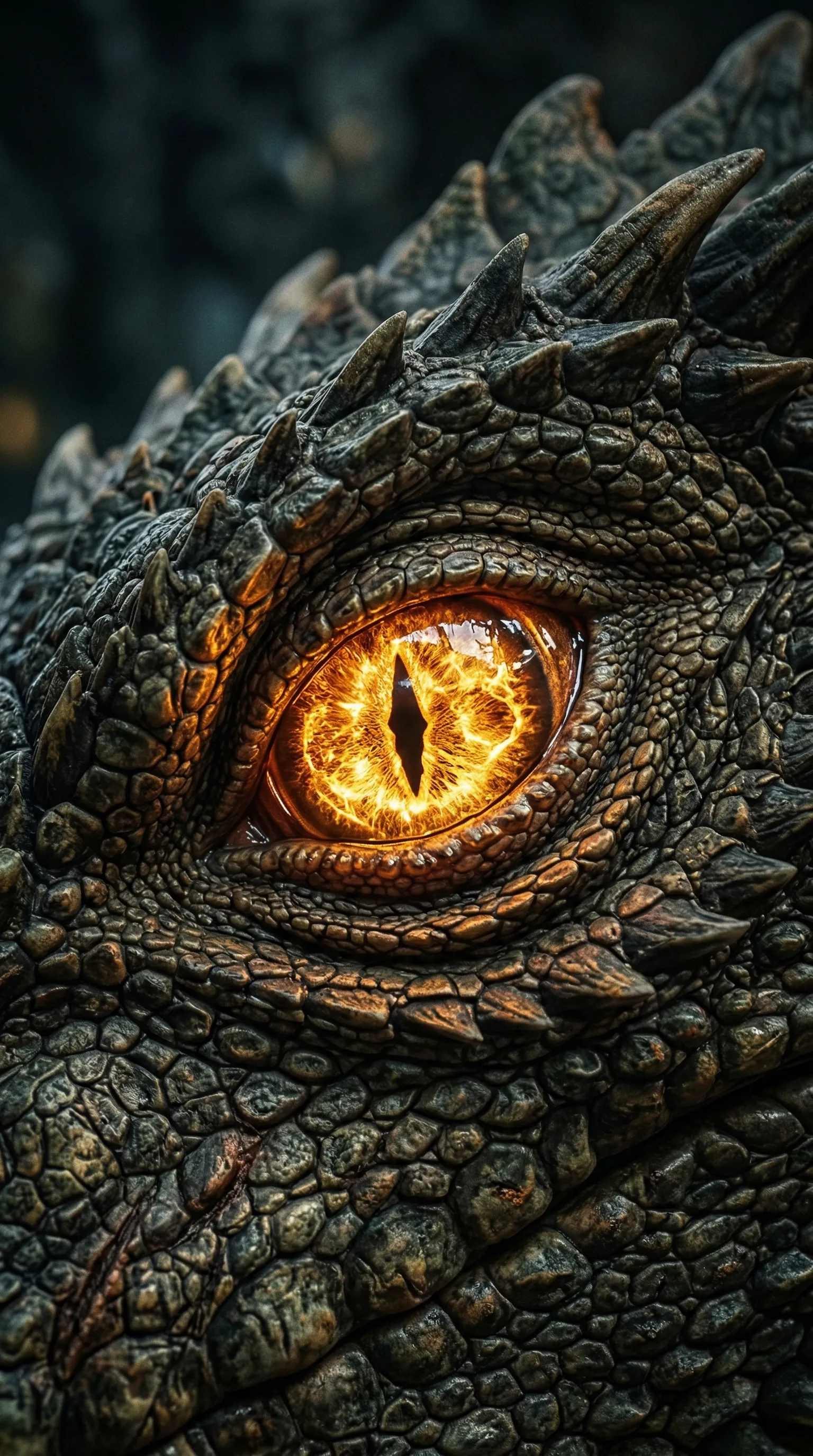 A photorealistic close up of a glowing dragon eye, scales highly detailed.