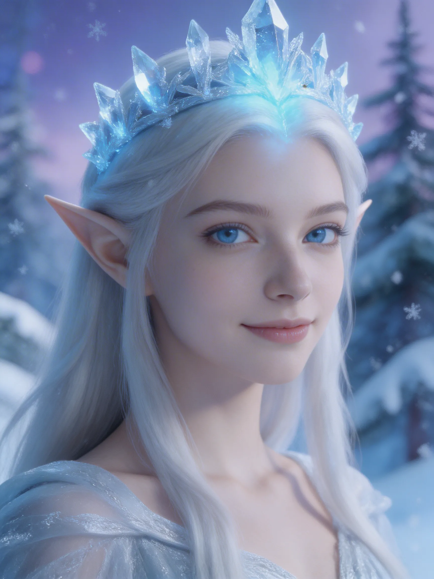 A beautiful portrait of an elf princess wearing a crown made of glowing winter ice.