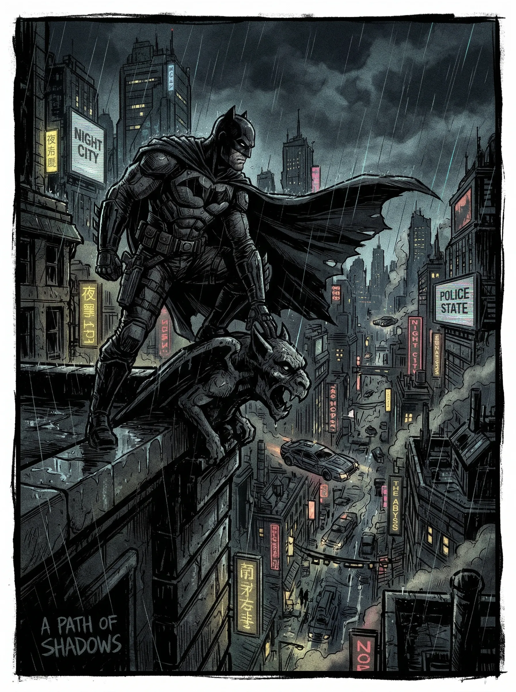 A dark and gritty comic book style panel of a vigilante looking over a dystopian cityscape.