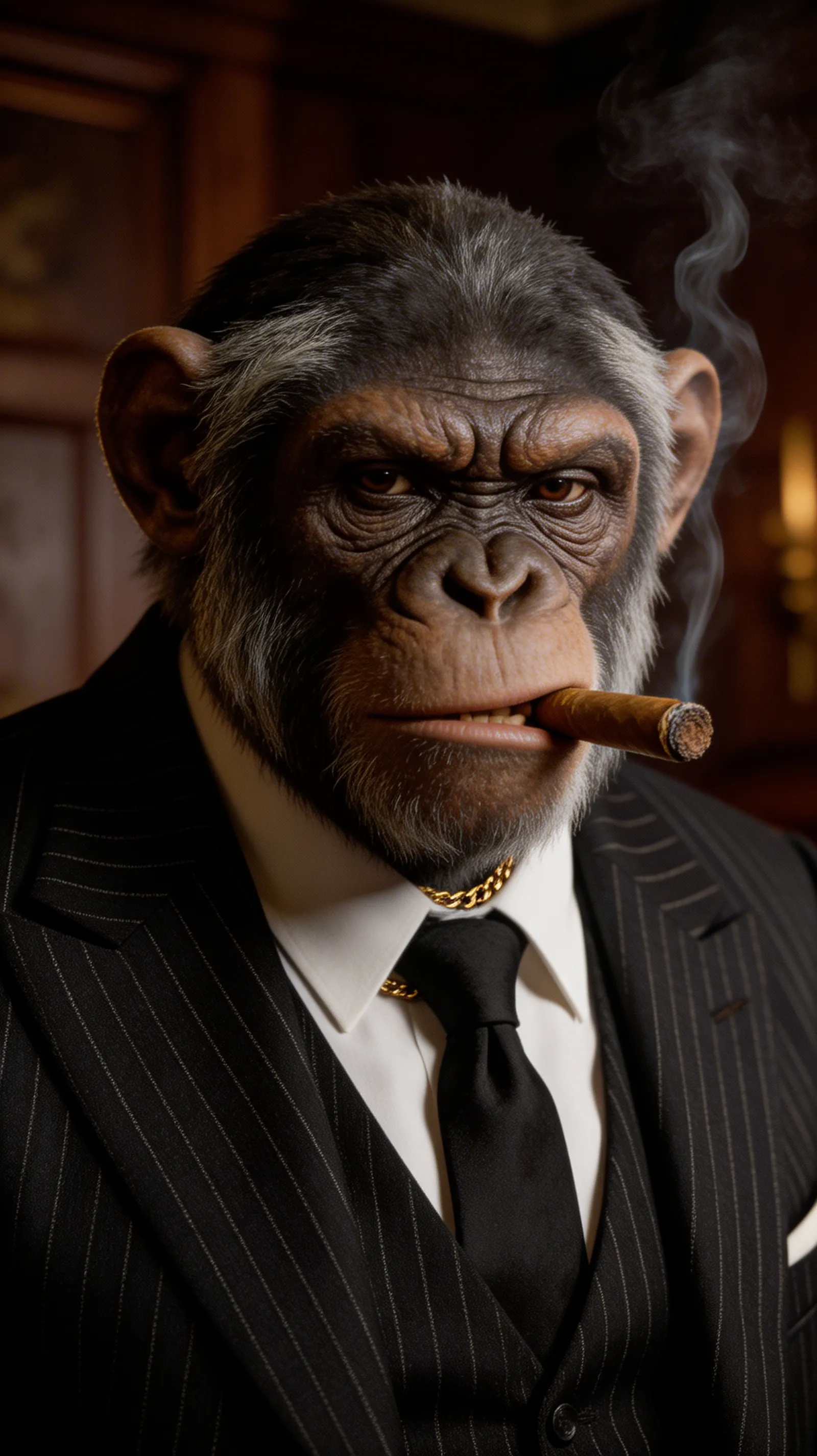 A photorealistic portrait of an old mobster who is actually a highly evolved chimpanzee.