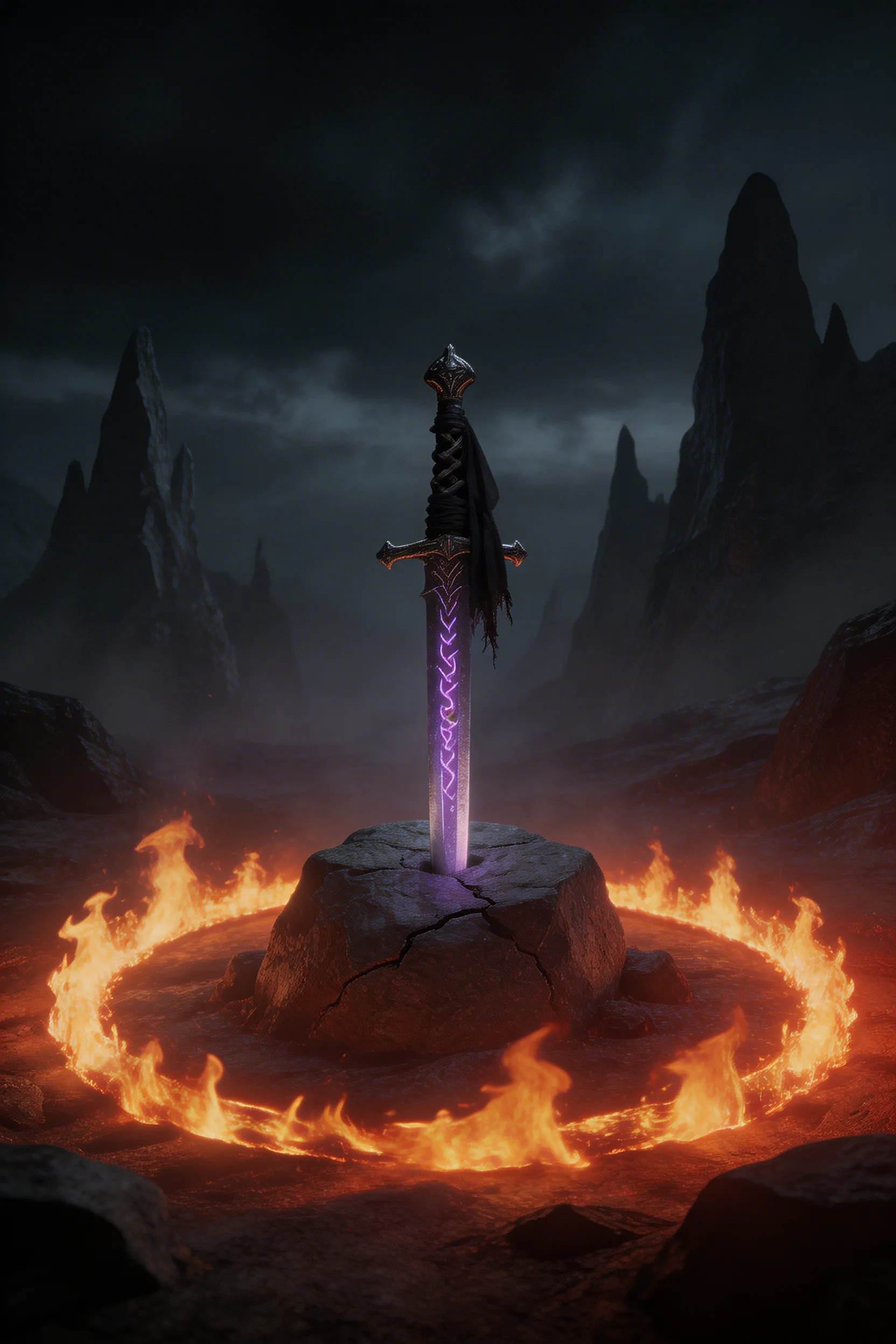 A dark fantasy shot of a cursed sword surrounded by a ring of eternal fire.