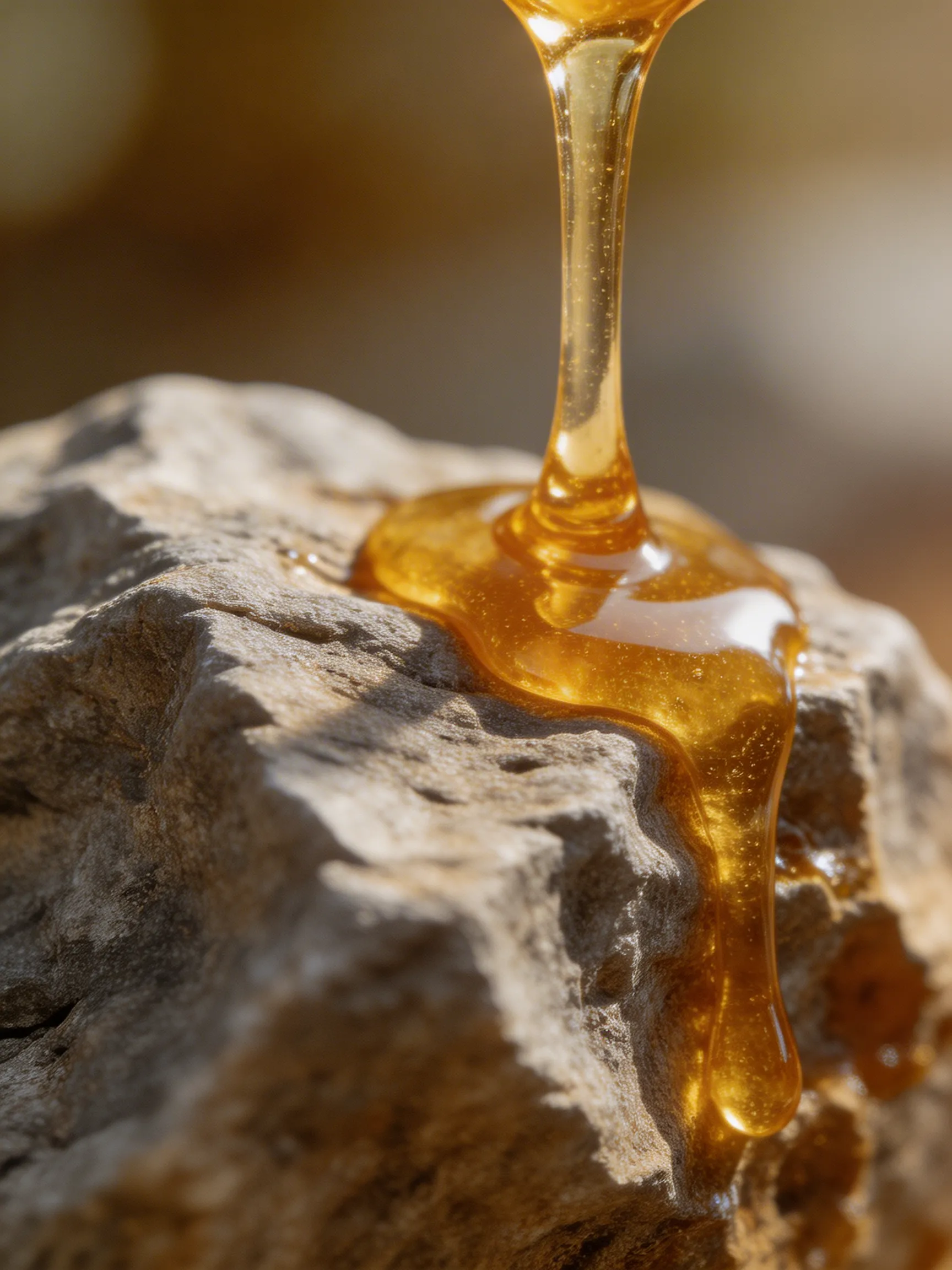 A photorealistic macro shot of golden honey dripping slowly over a rough textured rock.