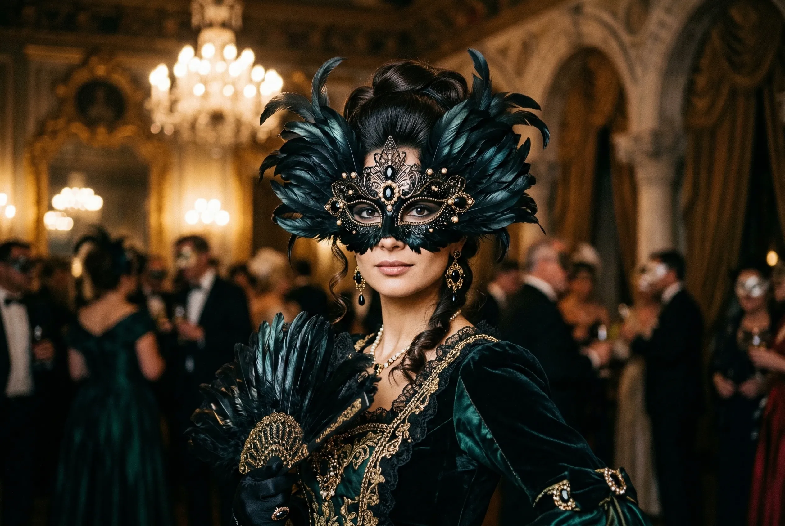 A beautiful elegant portrait of a lady wearing an ornate masquerade mask made of real raven feathers.