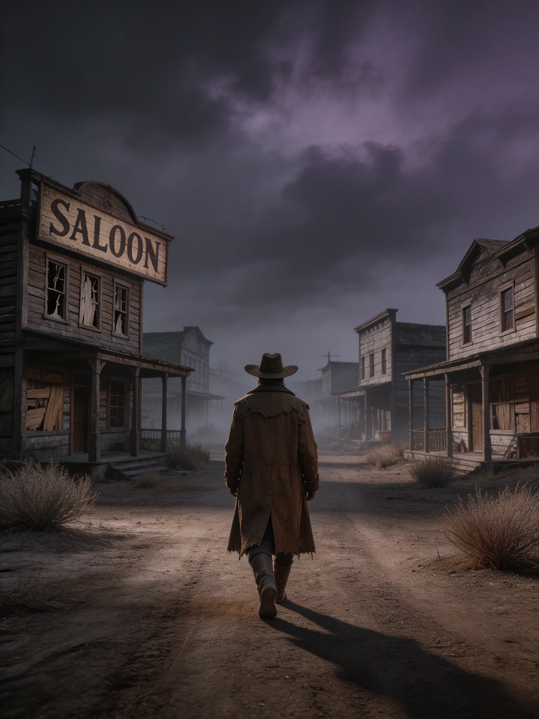 A dark and atmospheric shot of a lone cowboy walking into an abandoned cursed ghost town.