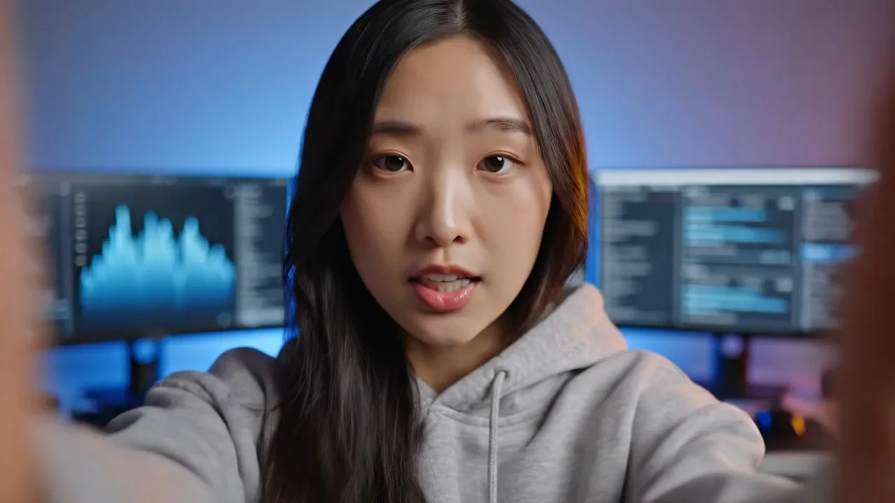 A young sweet shy amateur streamer girl, sharp clear facial features, consistent facial performance, innocent pleading eyes in her gaze. Actions: the girl acts coquettishly towards the camera, lips slightly parted mouthing the line "Can you help me set up the king crab? I'll agree to anything you want", then she gently tugs the first person viewer's sleeve and shakes it slowly, all movements are soft smooth and natural. Setting: high-tech modern home studio, soft glowing light from background computer screens, atmospheric ambiguous side backlighting, soft nuanced lighting. Cinematography: first person POV, slow push-in, smoothly panning to a close-up shot of the girl, stable tracking shot, no camera shake. Style and quality: 4K UHD, natural color palette, rich detailed textures, sharp clarity, cinematic film texture. Requirements: correct human anatomy, stable undistorted face, no stiff movements, fluid jitter-free actions. Model 2.0, aspect ratio 9:16, duration 10s