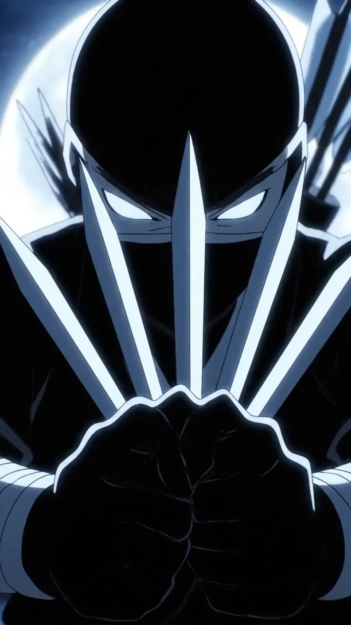 16:9 landscape aspect ratio Japanese anime style silvery icy cool color palette 0-3 seconds rooftop of a traditional Edo-era Japanese ryokan late at night a black-clad Iga ninja carrying a cross-shaped dart pouch on his back with a long face deep-set eyes and tightly pursed thin lips his silhouette is ghost-like under moonlight he grips three shurikens in each hand camera pulls back from an extreme close-up of the shurikens to a full-body shot of the ninja 4-8 seconds across from him stands a gray-clad ronin swordsman holding flying daggers with a slender oval face starry bright eyes and a faint scar between his brows his long hair is tied into a low ponytail with a gray cloth strip he holds a thin-as-cicada-wing flying dagger between each of his fingers camera orbits around the two capturing their standoff 9-12 seconds both strike simultaneously six shurikens and ten flying daggers weave and collide mid-air producing nonstop sharp metallic clangs sparks burst like silver fireworks some hidden weapons scrape across the roof ridge tiles leaving scratch marks slow motion camera tracks the trajectory of one flying dagger that smashes through a shuriken and continues flying forward 13-15 seconds after exhausting all their hidden weapons the two engage in close-quarters combat their daggers clash rapidly atop the roof ridge finally the gray-clad ronin kicks the ninja's dagger out of his hand while pressing a flying dagger to the ninja's throat moonlight falls on both of their faces the ninja slowly raises his hands to surrender Sound effects hidden weapons slicing through air metallic clangs roof tiles cracking robe fabric rustling Prohibited any text subtitles logos or watermarks