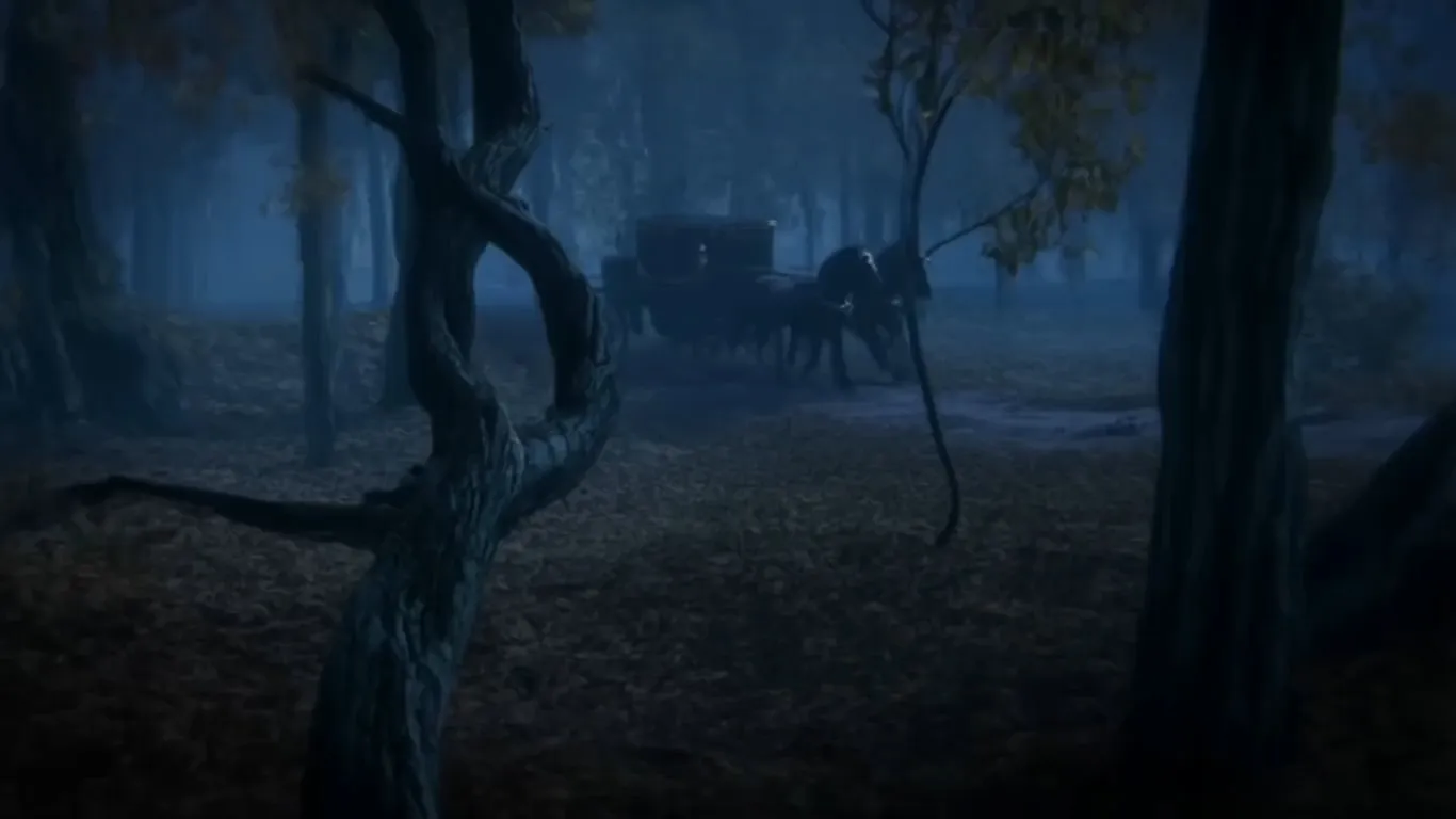 A thick, fog-wreathed primeval old-growth forest at midnight. An inky-black, gilded private carriage thunders down a rutted earthen forest track, kicking up crisp autumnal oak leaves. The camera weaves rapidly through the dense, twisted tree trunks, closing in on the speeding vehicle. The carriage's polished mahogany wood exterior comes into focus, an ornate velvet-curtained window rattling on its hinges. Matching the galloping speed, the camera passes seamlessly through the gap in the curtains into the dark interior. A pale, sharply tailored Victorian nobleman calmly clicks a silver pocket watch closed, completely isolated from the chaotic ride. The camera drifts past his pristine starched collar and exits seamlessly out the opposite window. It sweeps up through the forest canopy to the glowing full moon. The frantic hoofbeats fade to silence.