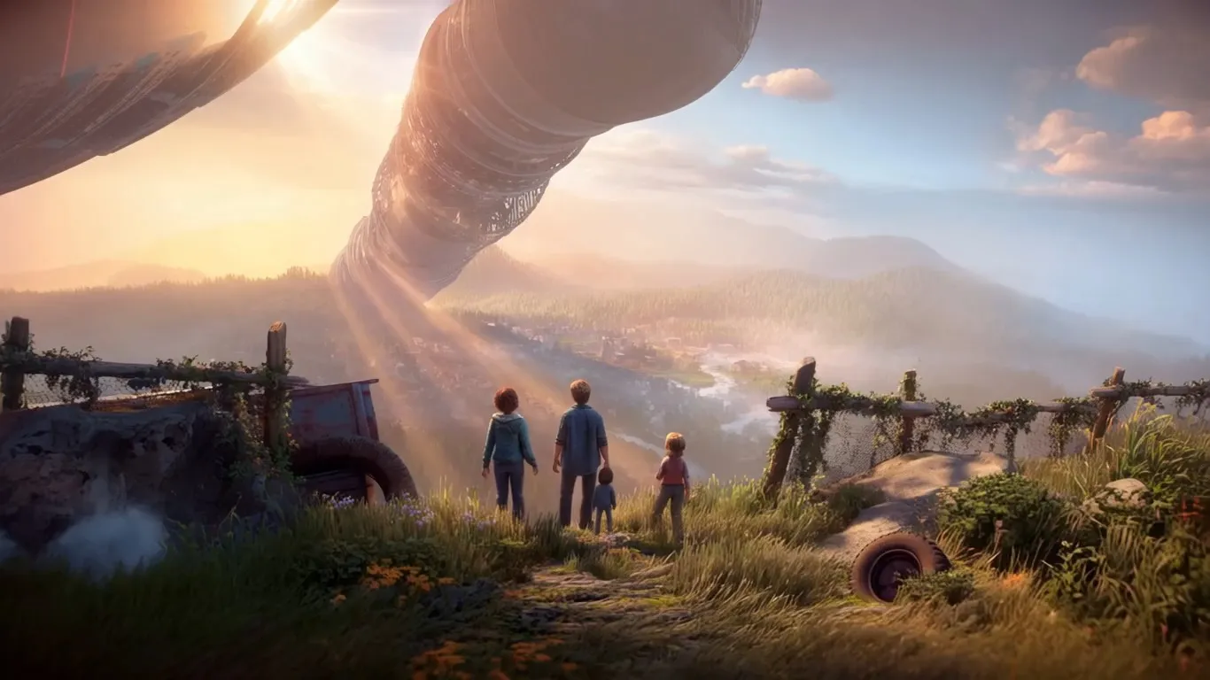 A cinematic film still, capturing the interior of a massive experimental Stanford Torus space colony from a grounded, human perspective. A young small family—maternal aunt, uncle, and their 8-year-old niece—are standing on a rugged, wildflower-dusted overgrown grassy bluff at dusk, looking upward in profound awe. The curving landscape of the habitat, covered in diverse family farms, cozy small towns, and winding glacial rivers, sweeps majestically overhead, creating an impossible, yet tangible sky-arch above them. The entire scene is illuminated by the powerful, warm, golden "terminator line" of sunlight bursting through a vast, dust-mote-filled gap in the articulated mirror arrays high above the central axis. This dramatic backlighting creates a striking rim-light on the family and casts incredibly long, shifting shadows across the textured fields below. The atmosphere is thick with haze and particles, creating strong, visible "god rays" that pierce the colony's interior. A soft, classic Spielbergian lens flare subtly strikes the corner of the frame. The metal and composite structures of the colony's central spine are visible, appearing worn and lived-in, not sterile or graphics-like. Tangible details in the foreground include a weathered cedar fence post, a dented, aged vintage farm pickup wheel, and tangled overgrown ivy and blackberry vines, adding grit and texture. The camera uses a slightly shallow depth of field, making the opposite side of the cylinder an imposing but softened backdrop. Natural film grain, non-digital focus aesthetic, 1980s analog cinematography style, non-English text on screen is forbidden.