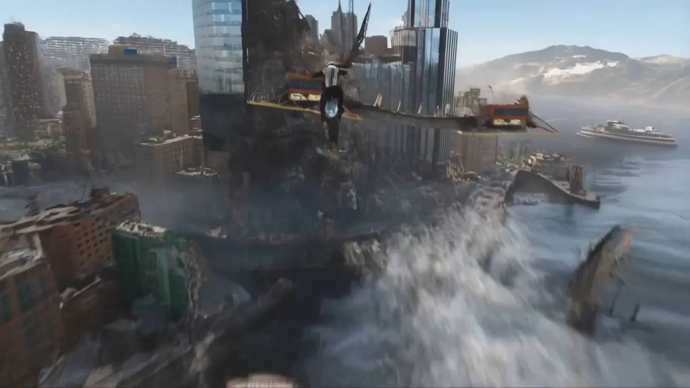 Defying a collapsing downtown skyscraper, a lone superbike rider rockets across fractured skybridges as crumbling concrete rains down and the seaside metropolis falls apart behind him. 🏍️🏙️💥