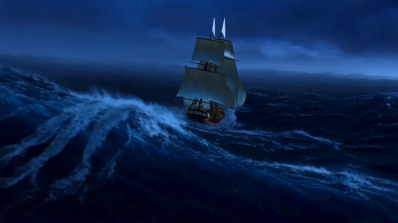 A turbulent sapphire sea crashing under the pale glow of a crescent moon. A majestic 18th-century barque rides the roaring waves, sails billowing. The camera swoops down from the storm clouds like a falcon, rushing over the choppy water. The ornate stern of the ship grows huge, featuring intricate stained-glass windows framing the captain's quarters. Matching the ship's violent rocking, the camera passes seamlessly through a glass pane into a surprisingly still, candle-lit cabin. A colorful eclectus parrot sleeps quietly on a hanging brass perch, undisturbed by the storm. The camera glides past the bird and exits seamlessly through a side porthole. It sweeps high into the night sky, the massive ship reduced to a toy on the water. The sound of crashing waves fades to silence.