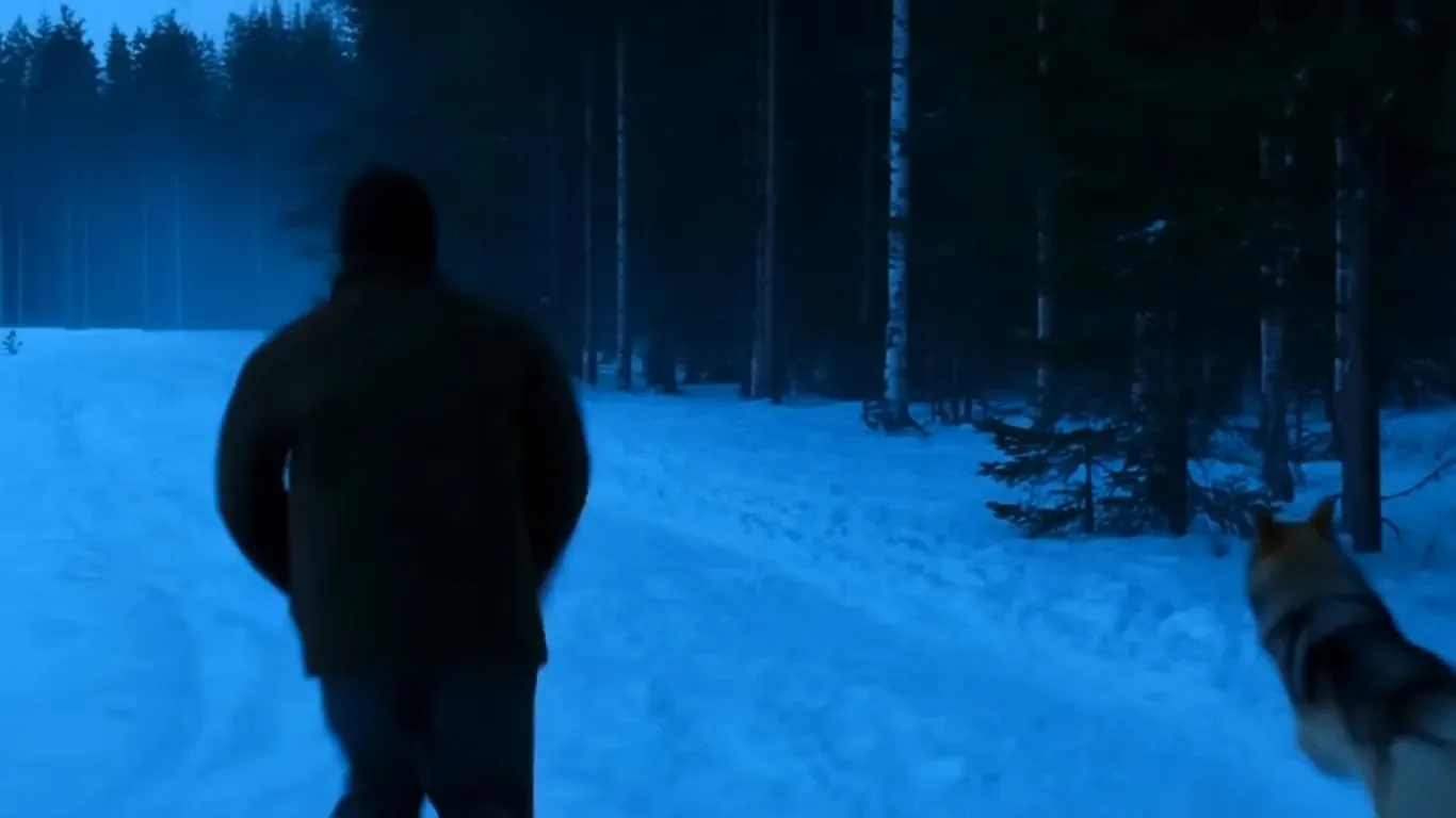 Realistic Nordic snowy night. A lone Nordic forest ranger runs fast through deep snow, tracked closely from behind at foot level. A large Eurasian gray wolf chases him, maintaining a strong sense of speed. The ranger trips and rolls; the wolf lunges at him. A fluffy Icelandic Sheepdog jumps in, knocking the wolf aside. The animals wrestle; the wolf breaks free and howls. Multiple timber wolves slowly surround the ranger and dog. Close-up on the dog as the owner slowly sits up. Background music: tense and evolving with the action.