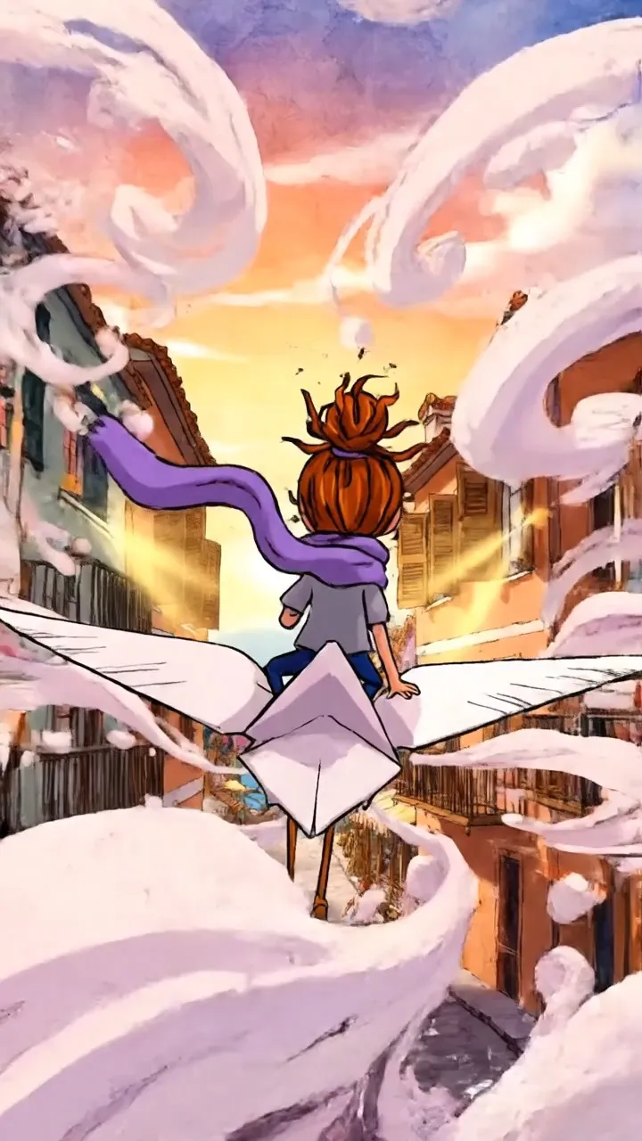 Pure hand-drawn 2D cartoon animation only — absolutely no 3D. Ever. 24fps on ones, 16:9. Every line breathes with subtle hand-drawn imperfections. A young adventurous teen girl rides a flying origami crane over a vibrant seaside town during sunset. The camera stays closely behind her back the entire time — we see her shoulders, messy auburn hair, fragile paper wings, and the world opening ahead.
Her loose soft lavender scarf whips toward the camera with fully hand-drawn cloth physics, every fold unique. Her messy auburn hair flies wildly in the wind with exaggerated cartoon motion. The wind itself appears as flowing white and pale-lavender hand-drawn brush strokes swirling around her and trailing behind the crane.
She glides between pastel seaside buildings with wooden balconies, terracotta flower pots, and laundry lines. As she passes, shutters burst open in a domino effect and linen curtains fly outward. Each window releases glowing golden sunset light that hits the camera, forming hand-drawn 2D lens flares and floating dust particles.
The town below is alive — fishermen point upward, children run through cobblestone streets, seagulls scatter, calico cats leap across rooftops, and striped market flags whip in the wind she leaves behind.
Suddenly colorful folk festival banners stretch across the street. She tries to dodge by pulling the origami crane upward, but the sudden slowdown throws her body forward. She bursts through a banner — a saffron cloth wraps over her face while silk ribbons tangle around the wing.
She wobbles on the fragile crane, gripping with one hand while pulling the cloth away with the other. Her head shakes left-right-left with exaggerated squash and stretch animation, neck stretching comically and eyes spinning briefly.
Finally she yanks the cloth free. It flies away in the wind. Her face appears messy and annoyed — cheeks smudged, teeth clenched and brows furrowed — then she exhales with relief.
She leans forward and accelerates again, hand-drawn speed lines rushing around her. A white stone clock tower appears suddenly — she brakes hard and sharply banks around it, barely missing the weathered bricks.
Another obstacle appears — a string of paper lanterns. She flattens herself against the origami crane as they pass inches above her head. One final sunflower-patterned banner swings into her path; she twists and slides underneath, but a tiny iridescent ribbon lands on her nose and she flicks it away in irritation.
Every acceleration stretches her body backward, scarf and hair whipping violently. Every stop throws her forward. Every turn bends the crane dramatically.
The environment is painted in soft watercolor textures — glowing orange and pink skies, terracotta rooftops, emerald trees, and violet shadows with layered parallax depth. Warm golden sunset light washes over everything as seagulls cross the glowing horizon.
Pure 2D. Hand-drawn. No 3D. Ever.