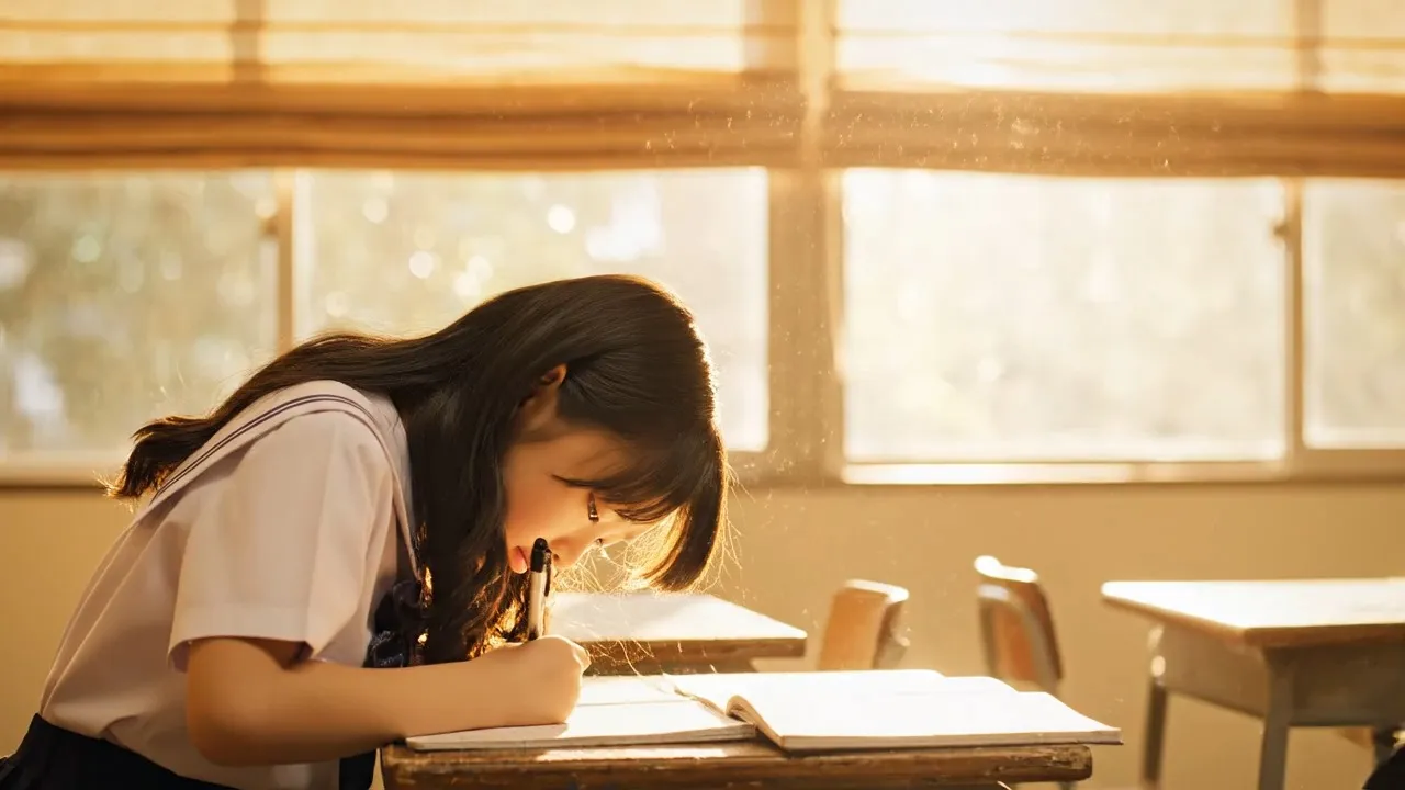 15-second cinematic Japanese drama style pure love ambiguous short film hyperrealistic image quality warm golden late autumn afternoon sunlight filters through linen window blinds onto side-by-side old wooden study desks in an empty after-school cram classroom fine dust particles drift slowly in the light beams worn desk surfaces extremely natural tiny movements the subtle tension of unspoken attraction conveyed through breath and eye contact characters’ facial features clothing and hairstyle remain consistent throughout with no warping no drifting no artifacts realistic subtle chest rise and fall with synchronized breathing shallow depth of field with creamy bokeh background warm 35mm film grain 8K ultra-sharp suffocatingly tender restrained youthful Japanese romantic atmosphere
0-4s extremely slow push-in shot from mid-shot of the desk to close-up of the two’s side profiles facing forward innocent young girl in light cotton summer school uniform hunches over writing lecture notes intently stray strands of her long wavy black hair brush her ear lifted gently by a faint cross-breeze long eyelashes cast fine shadows on her face naturally dewy peachy skin unconsciously upturned mouth in a focused expression soft even breathing
4-9s cut to medium close-up of the boy his school uniform collar slightly unbuttoned he propped his elbow on the desk sneaking a sideways gaze at her his eyes brimming with restrained affection fondness and quiet nervousness pupils slightly dilated Adam’s apple bobs softly he suddenly notices her pen pause panics and whips his head back fast to pretend to look at his own notebook the backs of his ears flush pink instantly his fingertips tremble slightly as he grips his pen tightly sneaking quick glances at her from under his bangs occasionally breathing slightly uneven mouth pressed tight to force himself to stay calm
9-15s extreme large close-up of both of their faces in frame slow motion as their eyes lock suddenly the girl turns her head slowly first dazed and surprised then quickly shyly lowers her head for 0.3 seconds before biting her lower lip gently her cheeks and earlobes bloom peach blossom pink instantly her wet eyelashes lift timidly to meet his gaze again while she whispers shyly softly what are you looking at the boy freezes completely pupils dilated stunned for 0.4 seconds stammers out a flustered quiet reply n-nothing the girl murmurs even softer still biting her lip and sneaking a glance at him you’re lying the boy pauses then sighs softly and whispers just looking at you the corners of his mouth lift slowly into a shy gentle lopsided smile fine crinkles form at the corners of his eyes his breathing picks up noticeably an invisible current of electric romantic tension pulls between their faces they share the warmth of each other’s breath the background melts completely into layers of dreamy creamy bokeh warm halos with tiny floating light particles in the air
perfectly natural accurate lip sync subtle emotional tremors microexpressions and breathing all synchronized dialogue delivered as low-energy shy whispers natural short pauses of 200-400 milliseconds between lines mouth only moves when speaking no overacting no robotic movements flawless natural lip alignment with authentic raw emotion
overall audio distant autumn crickets chirping faintly off and on soft scratch of pen on notebook paper almost inaudible low thrum of both their heartbeats finally a faint airy piano melody fades in all dialogue blends naturally into the scene as quiet whispers the girl’s voice soft and shy the boy’s voice shifts from flustered stammering to gentle tenderness
characters’ identities remain consistent throughout realistic subtle small head tilts eye movements and breathing all synchronized no text watermarks no subtitles pure unspoiled Japanese teen secret crush tender suspense