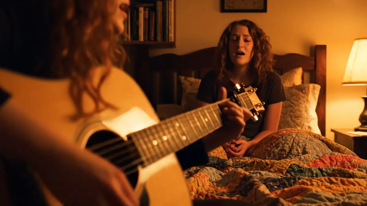 [00:00 – 00:03 | OVER-THE-SHOULDER MEDIUM SHOT - SLOW PUSH IN] 
Camera sits just behind and above the copper-haired girl's left shoulder, her wild copper waves and the neck of her acoustic guitar filling the foreground in soft bokeh. Across from her, Lila, chestnut curls, dark tee, quilt-covered bed at her back, comes into sharp focus. The warm amber glow of the bedside lamp halos the room. The copper-haired girl's strumming hand begins to move. She opens her mouth and sings softly: "Lila… oh Lila…" The camera breathes forward almost imperceptibly, closing the emotional distance. 

[00:03 – 00:06 | EXTREME CLOSE-UP - GUITAR HAND, LOW ANGLE] 
Cut to a ground-level macro shot angled upward at the strumming hand against the guitar body. Fingers move with loose, unhurried grace across the strings. The warm lamplight catches the shimmer of each string vibration. The faint resonance of the acoustic body fills the frame. Her voice drifts over: "…do you know how much you mean to me?" 

[00:06 – 00:10 | TIGHT CLOSE-UP - LILA'S FACE, STATIC] 
Hard cut to Lila's face centered, lit entirely by the golden lamp behind her. Her lips are parted just slightly, cheeks flushed, eyes glistening with the quiet weight of being truly seen. A slow, disbelieving smile creeps in at the corner of her mouth. She doesn't speak. She doesn't need to. The song does it all: "Lila… my Lila…" 

[00:10 – 00:13 | TWO-SHOT MEDIUM - WIDE, HANDHELD DRIFT] 
Camera floats back on a subtle handheld drift, revealing both girls in the full frame for the first time the cluttered bookshelves, the faded quilt, the soft chaos of a lived-in room. The copper-haired girl leans slightly forward as she reaches the final line, voice barely above a whisper: "…I'll love you till the very end." The last chord rings out and hangs in the air. 

[00:13 – 00:15 | EXTREME CLOSE-UP - LILA'S EYES, SLOW RACK FOCUS] 
The final cut lands on Lila's eyes alone. Focus pulls soft… then razor sharp. A single tear catches the lamplight on her lower lash line, not yet fallen. She exhales.