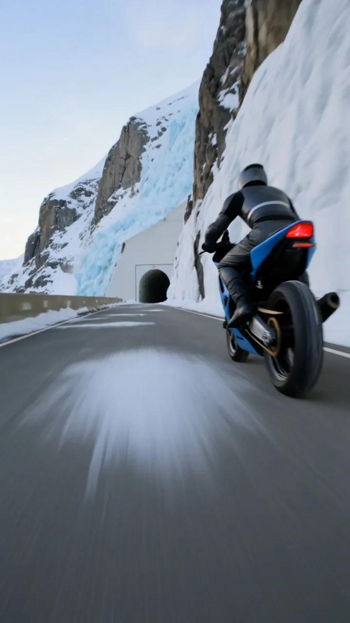 A man in his mid-30s, light scruff beard, wearing a matte gunmetal armored motorcycle suit with glossy boreal reflective stripes and a smoked full-face racing visor, races a top-tier literbike along a narrow mountain highway carved into a cliffside in the Norwegian Alps.
Snow whips across the road as the camera tracks low beside the motorcycle tires gripping the frozen asphalt.
At the 2-second mark a thunderous crack echoes across the mountain — an avalanche begins collapsing above the road.
A massive wall of snow pours over the cliff behind him while chunks of glacial ice crash onto the highway.
The rider accelerates through a narrow tunnel opening just as the avalanche spills across the road.
Exiting the tunnel he launches off a crumbled section of highway, the bike airborne above a deep alpine valley before landing on the next stretch of road.
Alpine avalanche escape stunt, frozen cliffside highway, airborne motorcycle jump, cinematic snow debris chaos, 4K.