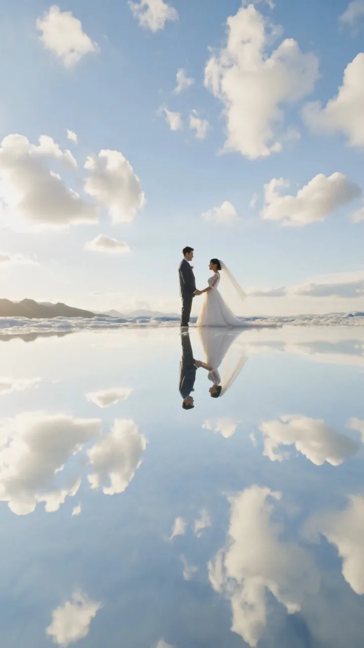 9:16 vertical screen photorealistic live action style dreamy and aesthetic 4K ultra HD. 0-4 seconds: extreme low angle upward shot, glassy glacial lake bed stretches to the top of the frame, sky and meltwater merge into one. Bright soft blue sky dotted with drifting pillowy white clouds, their reflections are perfectly crisp. Bride and groom stand side by side in the lower center of the frame, groom in a sharp tailored charcoal suit, bride in a flowing ivory lace wedding dress. They face the distant horizon holding hands. Their mirrored reflections perfectly align with their real figures, as if they stand at the intersection of two worlds. 5-9 seconds: camera slowly pushes forward and tilts slightly upward. The bride has a soft heart-shaped face, straight brows, smiling slanted almond eyes, upturned button nose, full rosy lips, a dimple on her right cheek; the groom has a masculine chiseled square jaw, straight brows, bright expressive deep-set eyes, high straight nose, firm thin lips. The groom pulls the bride into his embrace, she rests her head on his shoulder, her white veil flutters gently in the wind. Their mirrored embrace matches the real scene in perfect sync, only the two of them exist between heaven and earth. 10-15 seconds: camera continues pushing in to a close-up. The bride looks up at the groom, the groom lowers his head to place a soft kiss on her forehead. Sunlight spills from the side rear, casting a warm golden rim light around both of their figures. Their mirrored versions share the same kiss in the reflection, the frame is perfectly symmetrical top to bottom. The sky's white clouds, the couple's figures, the train of the wedding dress, the real scene and reflection form a flawless mirror world, the blue and white color palette is pure and dreamy. The final frame freezes, the bride and groom embrace in the sky mirror, their reflection as picturesque as a painting. Sound effects: dreamy synth sounds, minimal grand piano, soft rustling wind, gentle female vocal hum. Forbidden: any text, subtitles, logos or watermarks