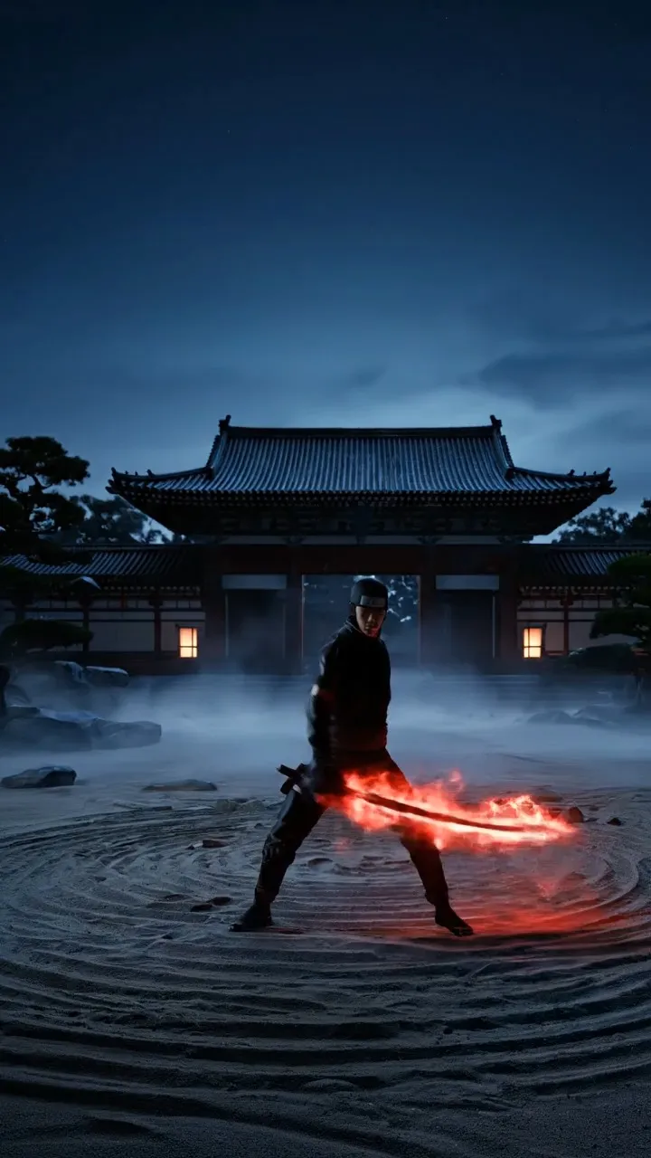 Subject/Character:
A rogue shinobi clad in a matte black stealth suit with faint burgundy trim, wielding a polished obsidian odachi that radiates a soft scarlet energy aura.

Environment/Setting:
An expansive traditional Japanese rock garden courtyard at dusk with wispy drifting fog, scattered debris, and loose objects such as leaves, dust, and small fragments across the ground. The atmosphere feels tense and charged with energy.

Action:
The shinobi unleashes an ultimate technique with intense and fast cinematic motion. The odachi rises upward as powerful scarlet energy rapidly forms a spinning tornado-like vortex. The vortex grows stronger and pulls surrounding debris into a violent spiral of energy and wind. With a swift and powerful motion, the shinobi swings the odachi directly toward the camera, causing the massive vortex to collapse instantly into explosive red light particles that fade into the air. No graphic violence, no blood, no injury detail.

Shot Breakdown:
Shot 1 (5s): Wide cinematic establishing shot. Wind begins to surge across the courtyard as dust and debris lift from the ground. Red energy starts gathering around the obsidian odachi, crackling with intensity.

Shot 2 (6s): Fast dynamic rotating tracking shot. The odachi is raised high as a massive red energy tornado erupts around the shinobi. Leaves, stones, and fragments spiral upward while the vortex grows larger and more chaotic with powerful CGI energy streams.

Shot 3 (4s): Aggressive forward camera push as the odachi is swung toward the camera in a decisive motion. The giant vortex instantly collapses into a burst of glowing red particles and fading shockwave ripples, leaving the environment suddenly calm.

Lighting:
Strong scarlet energy lighting from the vortex combined with dark cinematic dusk tones, glowing particles, energy trails, and dramatic highlights on the blade.

Style:
cinematic, ultra high detail, intense pacing, fast motion, dynamic composition, film-like motion, high-end CGI energy effects, atmospheric particles

Duration:
15 seconds

Audio Note:
Deep cinematic bass buildup, powerful wind vortex sounds, rising energy pulses, followed by a sharp energy release and fading ambient wind. No spoken dialogue.