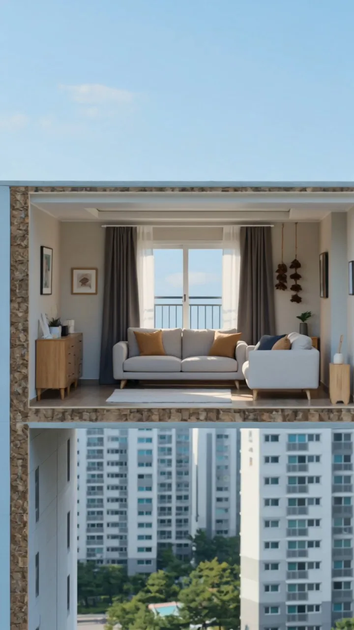 Cinematic photorealistic locked shot of horizontal cross-section of high-rise residential buildings in Jamsil Seoul, the camera remains perfectly locked conducting an ultra-steady smooth lateral tracking movement sliding right at a constant unbroken speed as if the entire exterior facade of the whole residential tower has been fully removed to present a sharp clear cross-section of all apartments the sequence sequentially reveals the living room spaces of five distinct households each infused with uniquely differentiated vibes of contemporary urban Seoul life all set within Seoul's Jamsil community captured from a high-rise residential vantage point