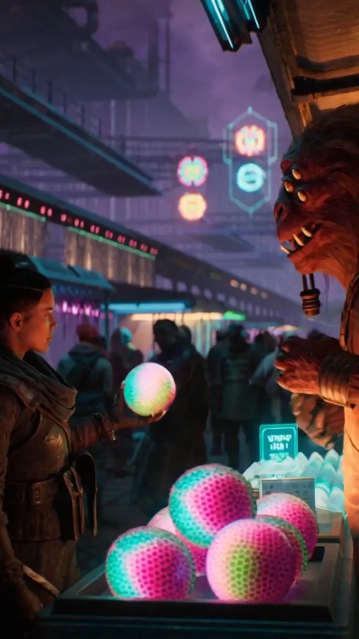 A bustling futuristic trading outpost on a distant exoplanet, furry alien vendors peddling luminous exotic melons, sleek service drones meandering through crowds, floating holographic product advertisements, iridescent neon lights strung throughout every stall, cinematic handheld camera style.