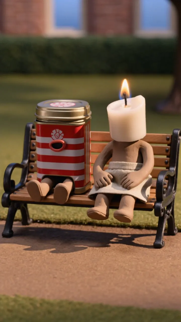 Stop-motion clay animation with handcrafted tactile materials and real fabric, set under warm afternoon park lighting. Wide shot: a clay figure with a vintage peppermint tin head and a clay figure with a lit beeswax votive candle head sit together on a real tiny park bench, mid-conversation. The candle flame flickers gently, the peppermint tin's sliding lid is slightly ajar, and they appear close and relaxed. [cut] A distant rumble. Both heads turn. [cut] Close-up: a clay figure with a mini portable campfire extinguisher head rolls in on a real tiny motorcycle, pressure gauge redlined, nozzle tilted back, and one hand loose on the handlebar. He stops and says nothing. [cut] Close-up of the candle head: the flame doubles in size instantly and wax drips straight down. [cut] Wide shot: the candle stands up, smooths her skirt, and gets on the back of the motorcycle without looking back. The motorcycle pulls away. [cut] Close-up of the peppermint tin head: alone on the bench, the little sliding lid slides open and all the tiny mint discs slowly fall out one by one onto the ground.