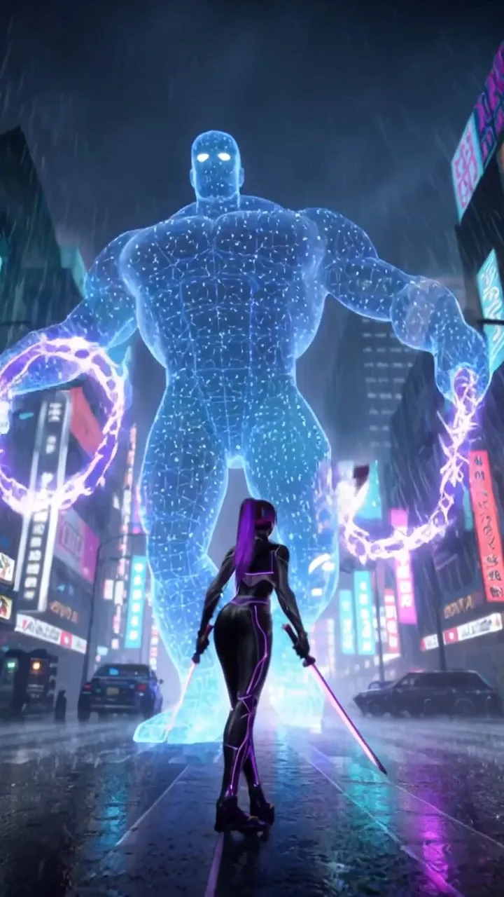 16:9 ratio, epic multi-shot cinematic blockbuster 12-second fight video. A sleek lavender-neon cyber kunoichi with dual glowing daisho katanas fights a giant translucent holographic interstellar warlord with plasma energy whips and teleport dashes in a pouring rain-soaked cyberpunk Shibuya street. Dynamic shots: fast vertical tracking as she wall-runs up buildings, circling 360° camera around whip clashes, bullet-time close-ups of katana slices through holograms, epic low-to-high sweeping shot climax where she unleashes a neon vortex slash that glitches and explodes the warlord into digital shards and sparks. Epic Hollywood VFX, volumetric neon lighting, dramatic camera moves, high-intensity trailer style