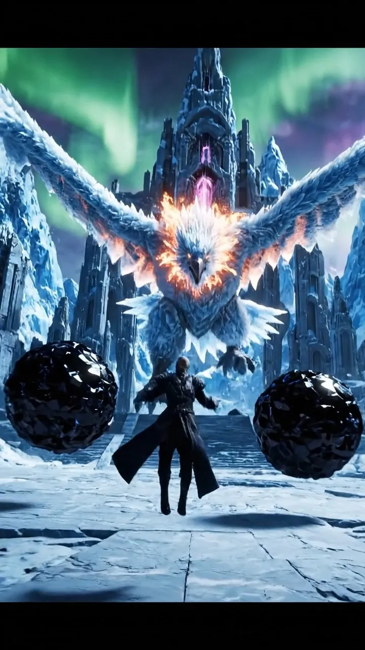 16:9 ratio, epic multi-shot cinematic blockbuster 12-second fight video. A dark-cloaked void warlock with hovering obsidian spheres battles a colossal frost-flame thunderbird with serrated wings and glacial embers in a frozen ancient temple under aurora skies. Dynamic shots: dramatic overhead drone sweep diving into the fight, intense slow-mo tracking as wings slash past him, orbiting camera around orb explosions, massive climax wide-to-tight shot where he traps the thunderbird in a swirling shadow vortex that cracks its icy body with shattering ice shards and dark energy bursts. Epic Hollywood VFX, volumetric magic lighting, dramatic camera moves, high-intensity trailer style.