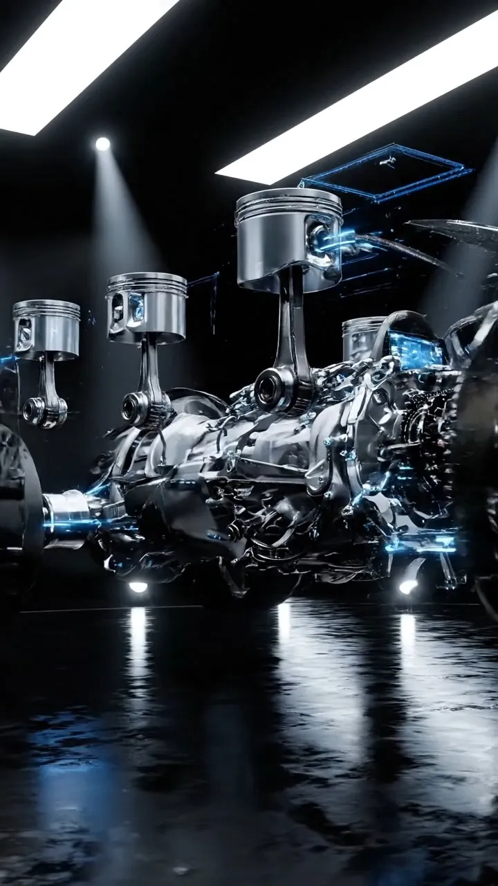 An epic futuristic car assembly sequence inside a dark, glossy digital showroom. A white high performance McLaren 720S begins forming in the center of a reflective black stage. The environment is minimal, clean, and dramatic, with powerful spotlights cutting through the darkness and reflecting across the polished floor.
The sequence starts with macro close ups of glowing mechanical components floating in the air. Engine parts appear first, pistons and gears rotating slowly as if suspended in zero gravity. Each component moves smoothly into position, connecting with precise mechanical clicks. Transmission pieces slide together, electronics light up with soft blue energy, and glowing cables run through the chassis.
The camera slowly moves around the structure as more elements assemble. Carbon fiber body panels descend and align perfectly with the frame. Wheels spin gently before locking onto the axles. The dashboard lights activate with elegant digital displays.
Bright flashes of light mark each completed connection. Subtle holographic grids and UI lines briefly appear as the vehicle takes shape. The lighting emphasizes the glossy white surfaces and sharp aerodynamic curves.
As the final panel locks into place, the headlights ignite with a powerful white glow. The engine starts with a deep, cinematic growl.
The camera pulls back and begins a smooth 360 degree orbit around the completed McLaren 720S, revealing the full car in dramatic lighting. Reflections ripple across the floor while beams of light sweep across the bodywork, highlighting every contour.
Cinematic lighting, sleek product showcase, high contrast reflections, futuristic atmosphere, ultra detailed mechanical assembly, epic reveal, dramatic camera movement, premium automotive commercial style.