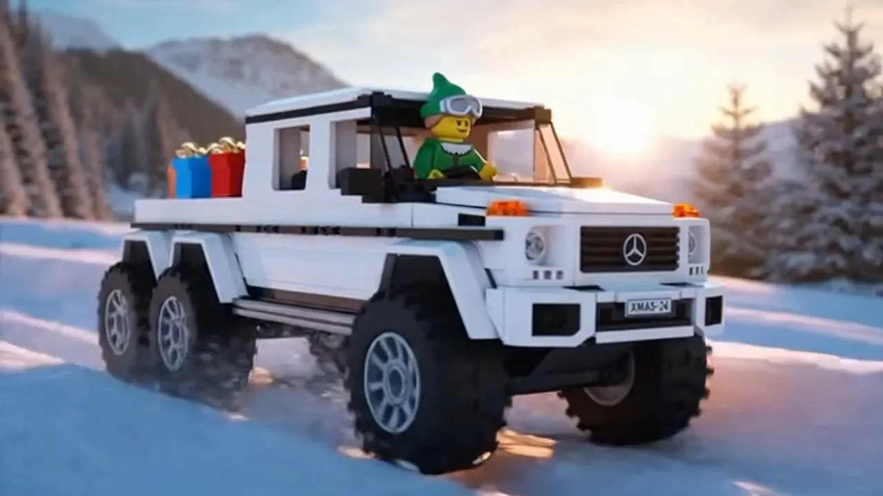 Ultra-realistic photograph of a LEGO Christmas elf minifigure driving a rugged white LEGO 6x6 G-Class snow truck across a snowy mountain pass in the Swiss Alps, deep snowbanks on both sides, pine trees dusted with frost, the elf wearing ski goggles and a fluffy green winter coat, gift boxes bouncing on the truck bed, dramatic mountain light, crisp atmosphere, DSLR realism, natural light reflections, 85mm lens, cinematic bokeh. --ar 3:4 --stylize 150