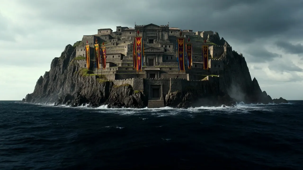 FORMAT: 15s / cinematic war rhythm / continuous shot / storm siege escalation, anamorphic flare, 65mm film texture

SCENE:
A colossal Inca citadel-sanctuary was carved into a jagged mountain cliff above a black, storm-torn sea. Feathered war standards whipped through