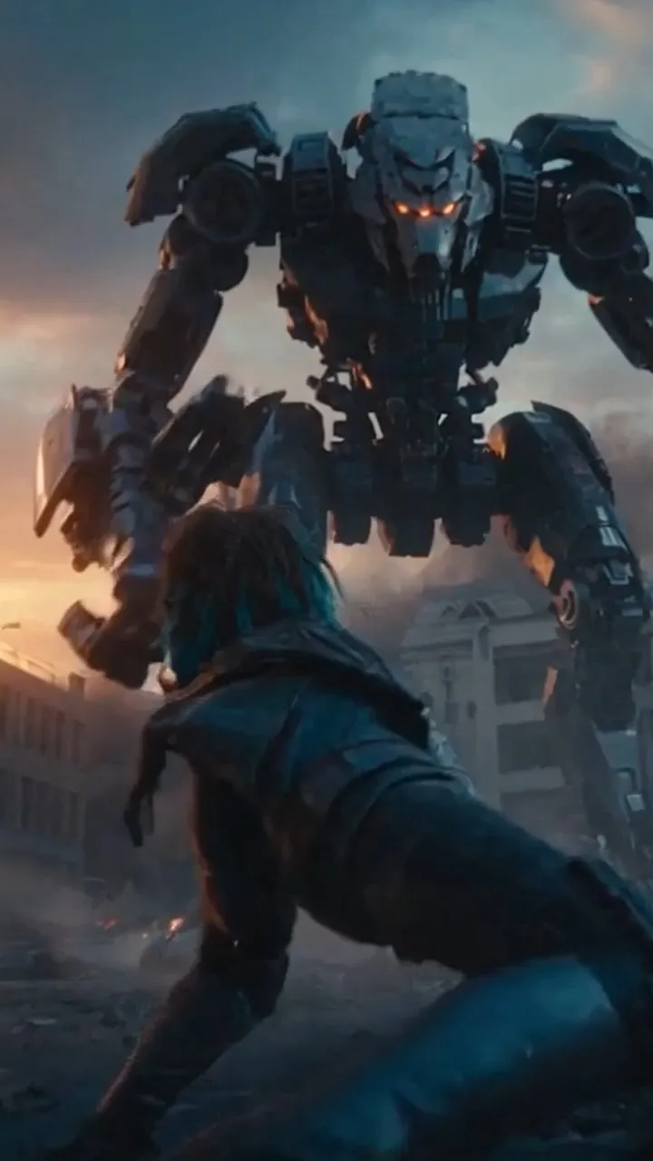 photorealistic sci-fi anthropomorphic assault mecha combat hypersonic impact mechanical bone realignment robotic mecha transformation ultimate finishing kick IMAX cinematic-grade sci-fi battle lead character female mercenary warrior face marked with soot and shallow shrapnel lacerations faint blood at the corner of her mouth expression resolute yet exhausted tousled choppy short hair caked with mixed coolant residue and grime wearing matte black stealth tactical bodysuit paired with a frayed battle-scarred reinforced outer jacket