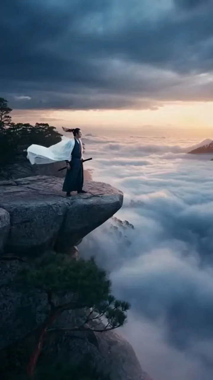 Premise A wandering ronin stands atop a mountain peak piercing through the sea of clouds below him sunset clouds churn like a vast surging ocean wind billowing his starched white haori and loose strands of unbound topknot hair
0-2s Action The ronin stands motionless on a weathered granite slab at the cliff's edge his right hand grips the hilt in a reverse hold the blade angled down toward the cloud sea below his internal ki fully contained Lens An ultra wide angle lens slowly pans upward from a low angle presenting a full panorama of the sheer cliffs roiling cloud sea and the ronin dark cool toned grading builds a stark forbidding atmosphere Setting Gnarled ancient pines line the cliff edge their branches whipped wildly by mountain winds clouds tumble beneath his feet a Steller's sea eagle occasionally circles over the cloud expanse
2-4s Action The ronin pushes off the ground with his right foot launching forward like an arrow he draws his sword from its scabbard the blade tracing a smooth semicircular arc as his body moves Lens A high speed tracking shot pushes forward rapidly with a slight rotation capturing the sharp glint of the blade the moment it clears the scabbard motion blur amplifies the intense sense of speed Setting The sword's ki aura tears through clouds to form irregular air currents small stones on the cliff dislodged by the force of his launch tumble into the cloud sea and vanish
4-6s Action The ronin launches into midair his left hand forms a classic samurai sword mudra pointing to the sky his right hand swings the blade horizontally in a powerful ferocious strike A drone orbits the subject from the side freezing the midair slashing moment for a 05x slow motion sequence to emphasize the sharp overwhelming momentum of the sword move Setting The sword's ki aura shatters surrounding clouds into a circular mist mass distant snow capped mountains peek through the cloud veil their peak snow glinting brightly under sunlight
6-8s Action Upon landing he touches the ground with the tip of his left foot and spins 360 degrees the sword twirls in sync with his body weaving layers of intricate sword flourishes Lens A tight circular tracking shot follows his every movement rapid zoom captures the fine details of the spinning sword subtle camera shake amplifies the impact of the rotation Setting The air current from his spin whips up pine needles that swirl and interweave through the mist snow on the cliff edge churns into a fine snow fog stirred by the rotating sword aura
8-10s Action He passes the sword to his left hand forms an open palm strike with his right stepping forward with his left foot the sword thrusts straight ahead aligned with the palm's momentum Lens A close up locks onto the sword tip the camera pushes forward from the blade's first person perspective showcasing the blistering speed of the thrust Setting The sword tip pierces through clouds water droplets condense on the sharp blade the faint outline of a floating Shinto sacred isle emerges from the cloud sea ahead
10-12.5s Action He sheathes his sword at his waist and drifts backward his right foot dragging across the granite slab to carve a faint shallow arc Lens A pullback shot gradually zooms out from the full frame capturing his drifting trajectory and the scratch mark on the stone dim cinematic lighting highlights the ethereal grace of his movement Setting The air current from his backward drift whips pine branches violently the roar of wind through pine woods echoes through the valley the cloud sea rippling in layers from the disrupted airflow
12.5-15s Action The moment his right foot lands he draws the sword again to slice upward in a nimble fluid strike Lens A low angle upward shot follows the blade's ascending trajectory the upward slice is played in slow motion to highlight the move's elegant agility Setting The sword's ki aura lifts the overhead cloud cover to form a hazy mist curtain soft rosy sunset light filters through the sky behind the mist curtain