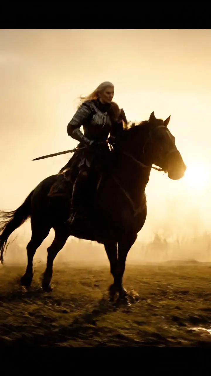A fierce Viking shield-maiden with long wind-tousled platinum hair and intricately engraved scale armor gallops on a robust black Friesian warhorse across a misty battlefield at golden hour. 
Cut between dynamic shots: horse hoof striking wet ground in slow-motion with mud exploding, low-angle silhouette
