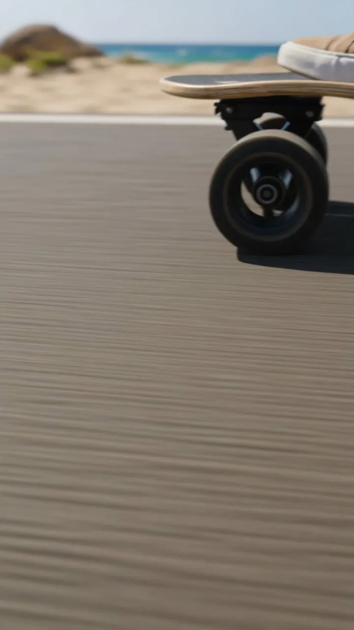 First person perspective A teenage longboarder cruising along a coastal highway sea breeze tousling his hair ocean waves lapping at the sun-warmed sandy beach Constantly shifting camera angles low angle tracking shot of the longboard's wheels side full-body tracking shot overhead shot of the coastal highway close-up of his smiling face wide shot of his back as he glides along the seaside Smooth flowing movements upbeat rhythm bright sunny weather cinematic picture quality natural camera movements dynamic scene transitions fresh and healing aesthetic