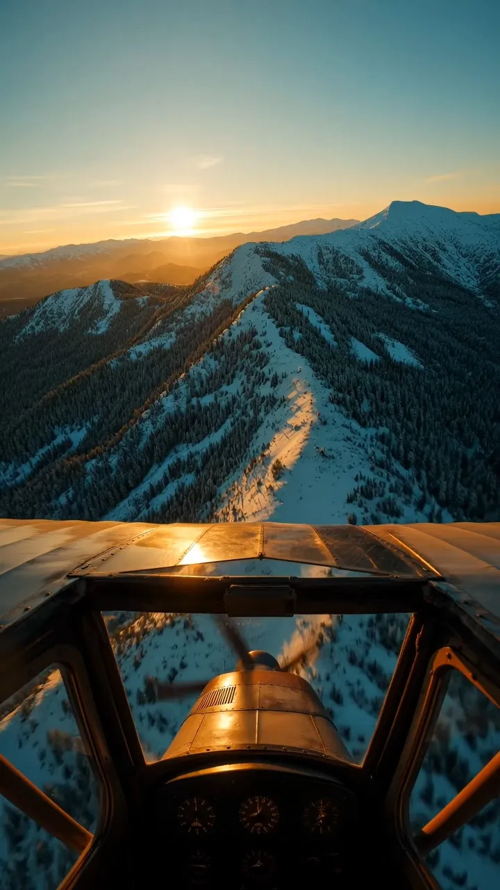 First-person view piloting a compact vintage bush plane at low altitude, skimming over snow-dusted mountain ranges, old-growth coniferous forests, and jagged Pacific coastlines — strong wind noise and immersive visual feel, fast forward-moving camera, dynamic camera movement, dramatic backlit golden lighting, cinematic color grading, tense and thrilling atmosphere, ultra-smooth and fluid motion, 4K resolution, highly detailed, no text overlays.