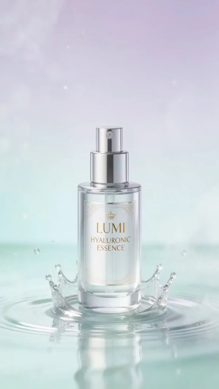 An ultra-luxury premium facial essence commercial with an elevated ultra-premium visual style. The product must precisely match the provided reference image in terms of bottle shape, label details, liquid color, reflections, and overall design. The bottle is positioned upright at the exact center of the frame, placed on a glossy hyaluronic acid-infused liquid surface with smooth, elegant ripples. Delicate fluid splashes rise around the base, forming a refined crown-like shape that reflects light like polished crystal.
The background features a soft, dreamy gradient transitioning from pastel mint to gentle lilac, creating a silky, creamy ambiance with faint floating mist particles. The camera executes a slow, seamless 360-degree cinematic orbit around the product, maintaining a constant speed with no shaking, zooming, or variation in motion. The bottle remains perfectly centered, vertical, and completely stable throughout, captured in a mid close-up beauty composition as the primary focal point.
Lighting is crafted in a premium studio style, delivering soft diffused illumination, subtle highlights, glossy reflections, and a gentle rim light to define the bottle’s edges. The glass and liquid appear luminous, hydrated, and smooth. The overall mood is elegant, sensual, and sophisticated—true to a luxury beauty campaign—featuring cinematic depth of field, polished textures, soft reflections, and a slow-motion aesthetic in 4K photorealistic quality.