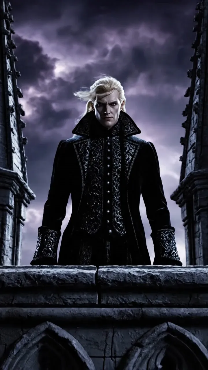 Cinematic shots with strong visual impact, centered composition + low-angle upward shot; male protagonist A pale gothic dhampir lord, devastatingly handsome, with shoulder-length platinum blonde hair slicked back save for a few windswept strands, his features sharply