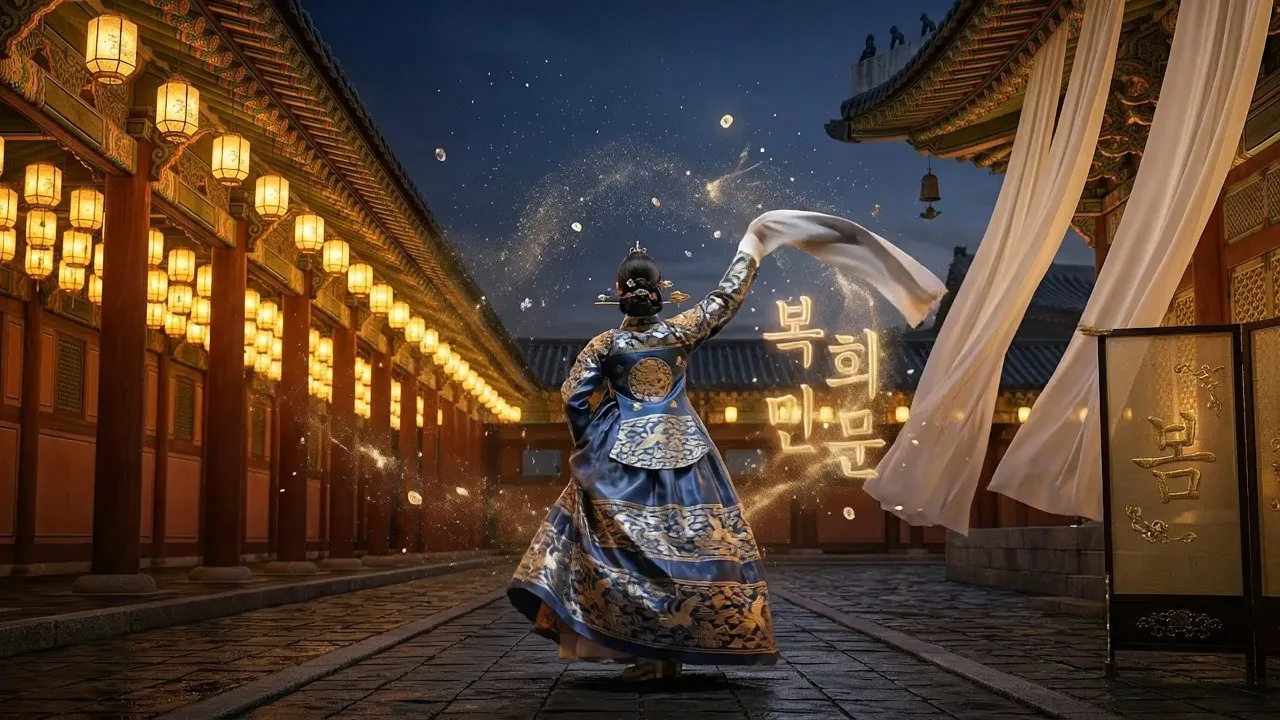 Based on the reference image young woman wearing a hanbok patterned with gilded kingfisher-accented crane and cloud motifs, tasseled binyeo hair ornaments adorning her hair, traditional red yeonji mark on her brow with a radiant flower-like smile and sparkling luminous aura standing before a Joseon palace vermilion colonnade featuring intricately carved and painted beams with hundreds of glazed royal lanterns casting shifting glowing light in the background a silk screen embroidered with gold-threaded Korean "Bom" (Spring) character half-obscuring the space bronze pyeonjong bells on eave corners chiming softly endless ivory silk cascades pouring down like waterfalls fine gold dust floating and swirling through the light The young woman sings to the clear tune of ancient royal pyeonjong bells moving with gentle traditional court dance steps wide billowing sleeves dynamic actions pressing palms together in a traditional Korean greeting winking playfully to form a heart shape with her hands spinning to send gold leaf scattering across the ground stars glimmering in her eyes professional singer caliber flawless on-pitch vocals Lyrics paired with exclusive visual effects 1. For the line "Azure Dragon emerges White Tiger grasps" phantoms of the four celestial beasts burst through clouds dragon roars and tiger cries ringing out as auspicious clouds split and transform 2. For the line "Fortune from all eight directions gathers at the eaves" purple qi energy surges from the four cardinal directions coalescing into a spinning golden vortex in the young woman’s palms 3. For the lines "Bring fortune in fortune comes" "Fortune spills from the star river to fill my arms" the Milky Way pours down transforming into thousands of "Bok" fortune characters every stroke shimmering with pearlescent luster 4. For the lines "Say not the young know no sorrow" "I will laugh through the raging storm" the young woman tiptoes lightly red azalea blossoms bloom across the ground their petals transform into a winged Vermilion Bird that soars into the sky 5. For the lines "One day I will climb the clouds to pluck the stars" "Today I hold my golden goblet close" celestial stars plunge into the wine cup bursting into a brilliant beam of light that shoots straight into the sky Overall camera work in the style of Korean traditional Seungmu flying dance when the young woman spins the tassels of her binyeo freeze in midair slow motion captures gold leaf and petals forming a spiral star trail final freeze frame the young woman stands with her back to the camera flinging her water sleeve wide all the stars and gold leaf merge into four 3D traditional Korean seal script characters "Bokhui Manmun" (Abundant Wealth and Treasure) coin-shaped snowflakes drift down gently as the scene lingers