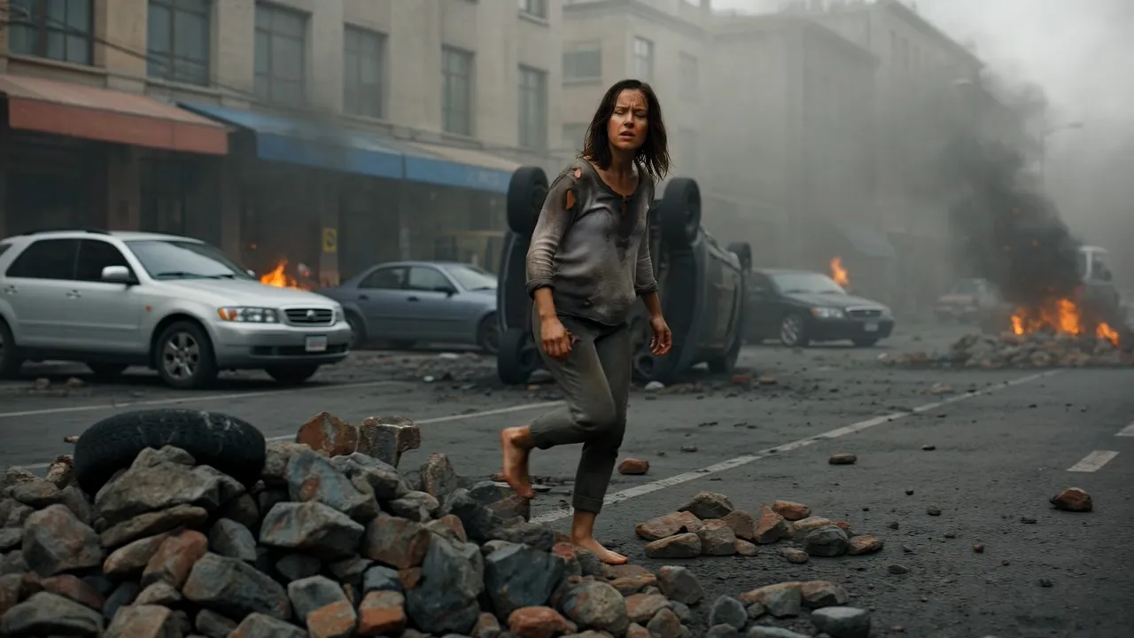 A barefoot female drifter. Smoldering urban chaos. Then a full tactical mech armor transformation mid-sequence