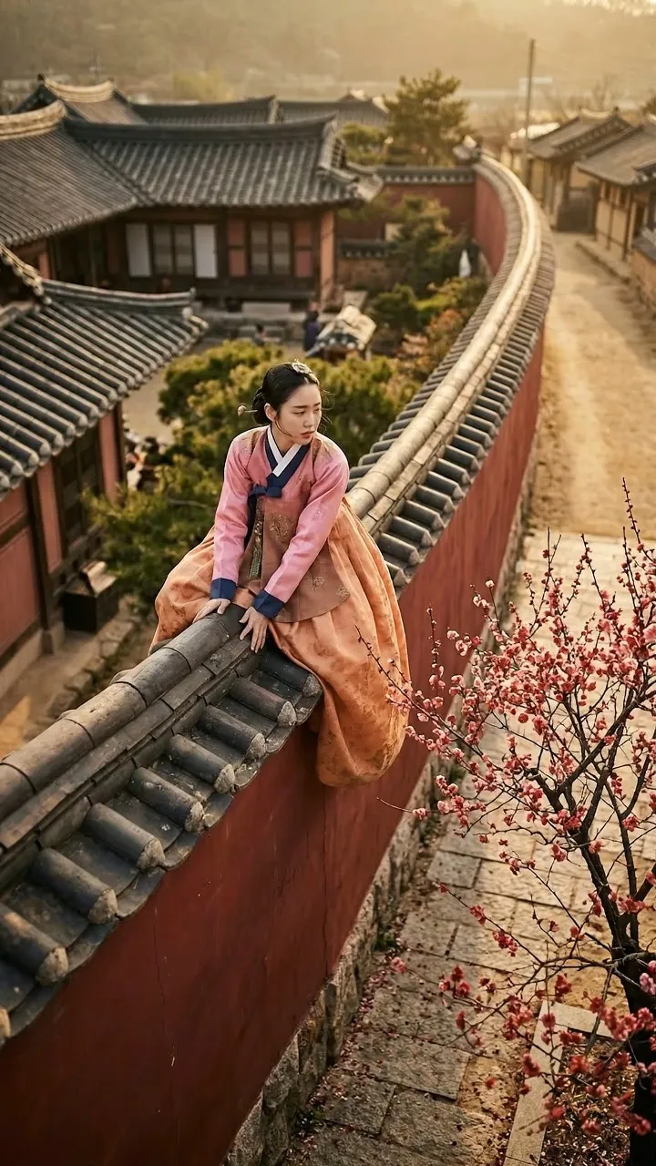 00:00–00:02 (2s) OPENING HOOK - ICONIC MARRIAGE ESCAPE SCENE
Shot type: High-angle aerial shot transitioning into a push-in close-up
Setting: Joseon Dynasty Chief State Councilor's Manor with towering crimson walls, a fully bloomed red plum tree growing at the wall's base
Costumes:
Female lead [@Image1]: Wears a pink cross-collar jeogori, layered under a sheer apricot wide-sleeve hanbok outer robe, her chima skirt fully embroidered with interlocking lotus patterns. A few loose strands fall from her updo, making her look both formally grand and subtly disheveled
Male lead [@Image2]: Clad in a black silk dopo woven with subtle golden dragon motifs, cinched at the waist with a carved jade belt, his hair tied high in a neat sangtu topknot, his expression stern and unyielding
The female lead straddles the manor wall, leaning slightly forward, sweat beading on her nose from nervousness, gripping the wall's edge tightly with both hands
The camera pushes in slowly, cutting to a close-up of her biting her lower lip, her eyes warring with reluctance and resolve as she sneaks a furtive glance toward the back courtyard wall
Sound design: Rapid, shallow breathing
00:02–00:06 (4s)
Shot type: Medium tracking shot + low-angle upward shot
Action sequence:
1. The female lead's foot slips, and she instantly loses her balance
2. She gasps out a sharp "Ah--!" flailing her arms wildly as wind sends her skirt billowing upward
Expression: Her pupils blow wide, shifting from flustered panic to sheer terror
Sound design: Howling wind + a dull heavy thud (the sound of her being caught mid-fall)
00:06–00:15 (9s)
Shot type: Orbiting close-up + medium close-up
Action sequence:
1. The Prince Regent, who stood below by the wall, stretches out a long muscular arm to catch her slender waist firmly and accurately, stopping her from hitting the ground
2. He sweeps her smoothly into a bridal carry
3. She crashes into his solid broad chest, her nose brushing the cool sharp scent of pine sandalwood incense on his robes
Expressions:
Female lead: She freezes completely, hands bracing against his chest, the tips of her ears burning bright red, her cheeks so hot they could boil an egg, her eyes darting wildly to avoid his gaze as she stammers "You... who are you? Put... put me down right now!"
Male lead: His previously cold sharp features soften the moment he feels the warmth of her body against his, a faint nearly unnoticeable smile tugging at the corner of his lips
Line (male lead's deep magnetic voice laced with fond exasperation): "Who am I? I'm the Prince Regent you were willing to climb over a wall to escape marrying."
Shot type: Extreme face close-up of the pair (maxing out their electrifying romantic chemistry)
Action sequence:
1. The male lead's thumb brushes gently over the wrist he holds in his palm
2. He leans in slightly, pressing his forehead to hers, their noses brushing, their breaths mingling
3. The female lead's eyelashes tremble violently, casting long soft shadows under her eyes
Expressions: Her eyes glisten with unshed tears, flushed with equal parts embarrassment and anger, the rims of her eyes pink, her gaze still darting away as she presses her hands hard to his chest
He stares deeply at her, his gaze brimming with raw possessiveness and unhidden tenderness
